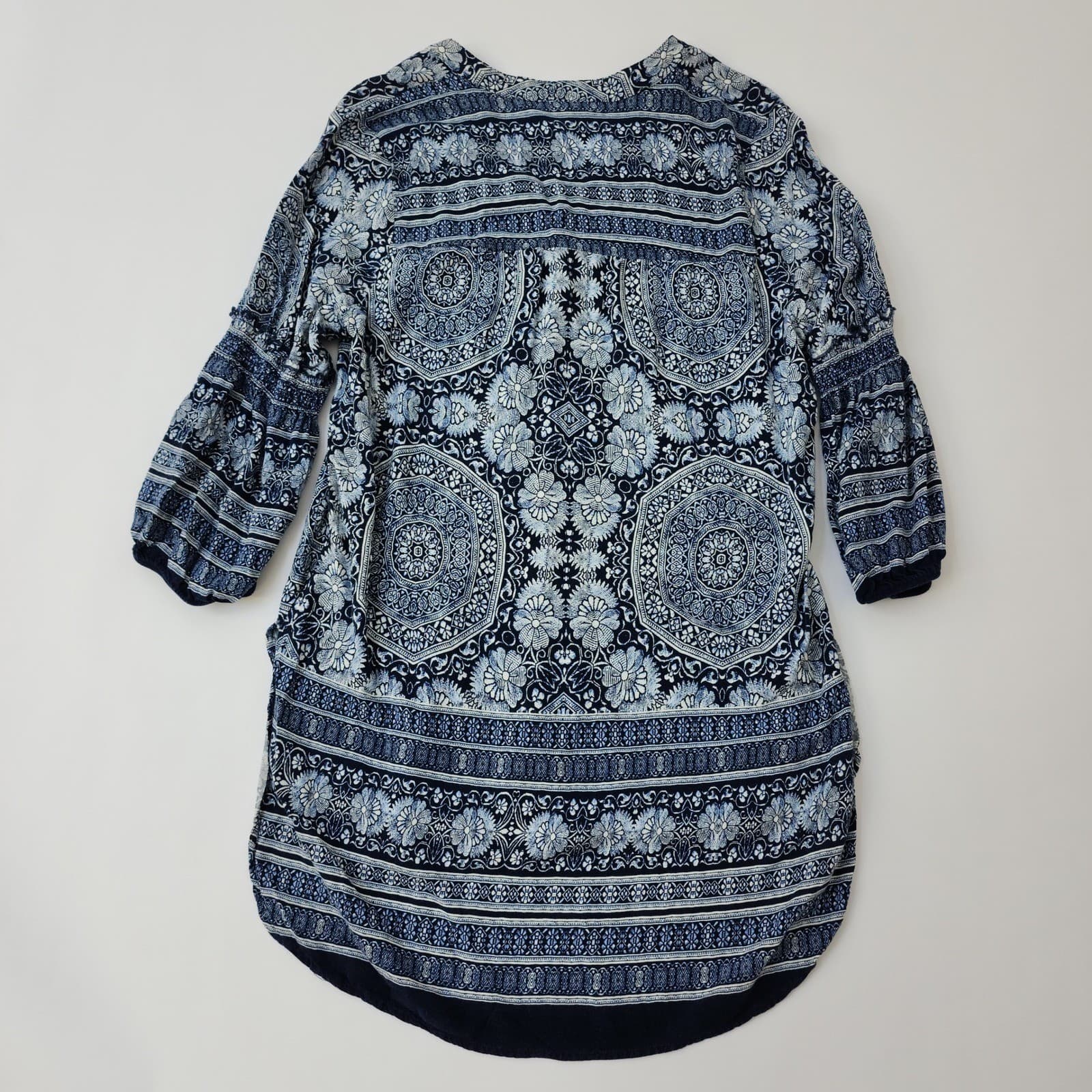 Fig and Flower Blue Paisley Floral Medallion Boho Tunic Top XL Womens 3/4 Sleeve - Thumbnail 2