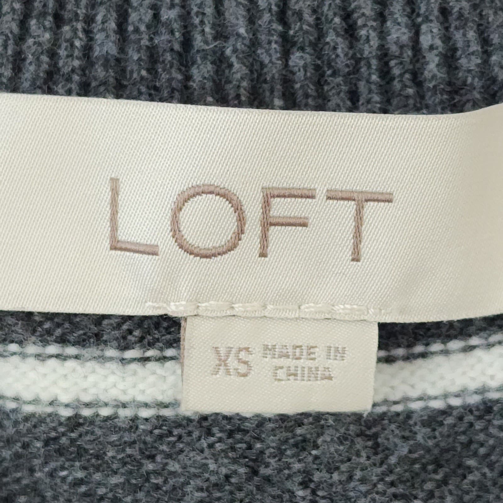 Loft Striped Henley Sweater Women XS Gray White Button Front Puff Sleeve Knit - Thumbnail 6