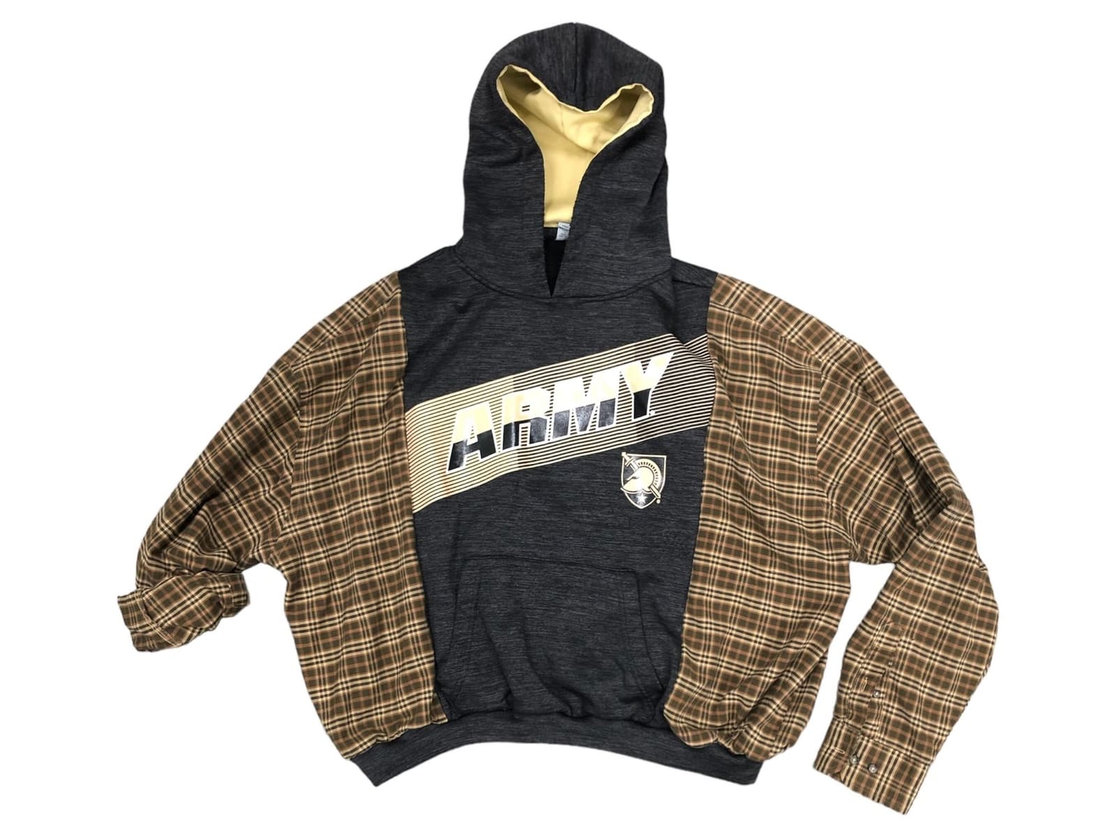 Upcycled army hoodie reworked flannel oversized refashion black tan brown OOAK