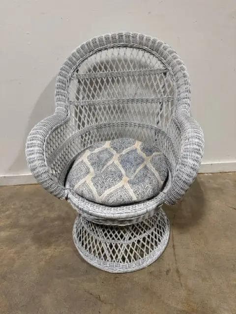 White Faux Wicker Swivel Arm Chair With Paisley Cushion
