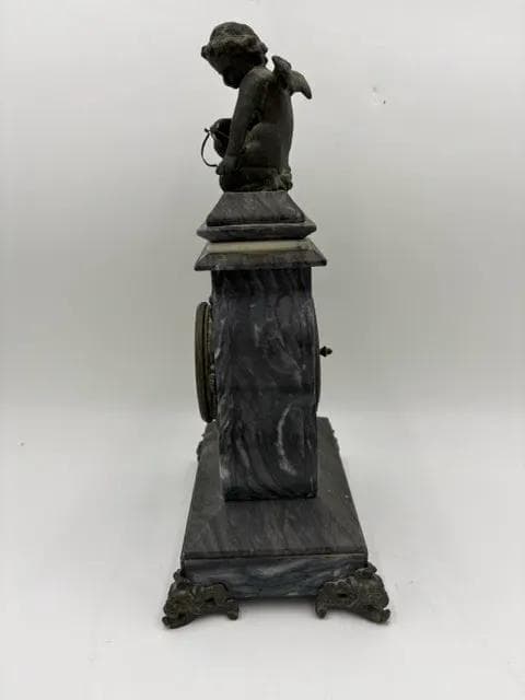 Maitland-Smith Marble & Bronze Cherub Mantel Clock - Thumbnail 4