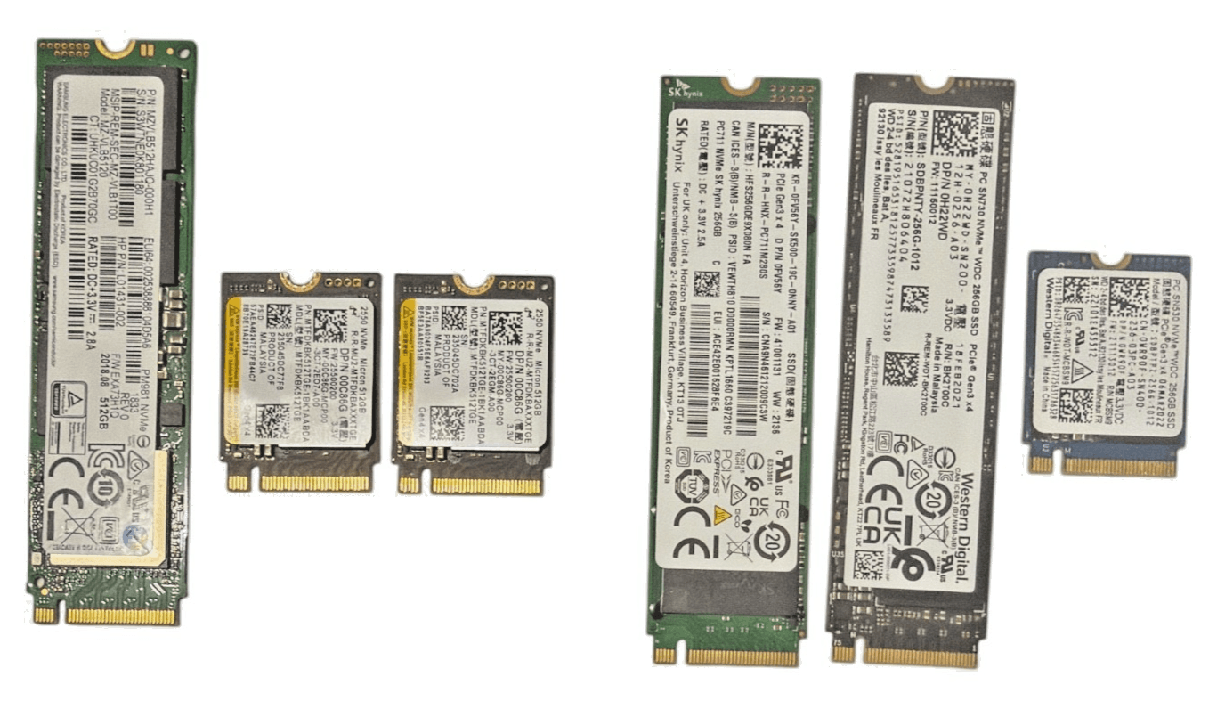 Lot of 6 3 x 512 gb & 3 x 256 gb NVMe M2