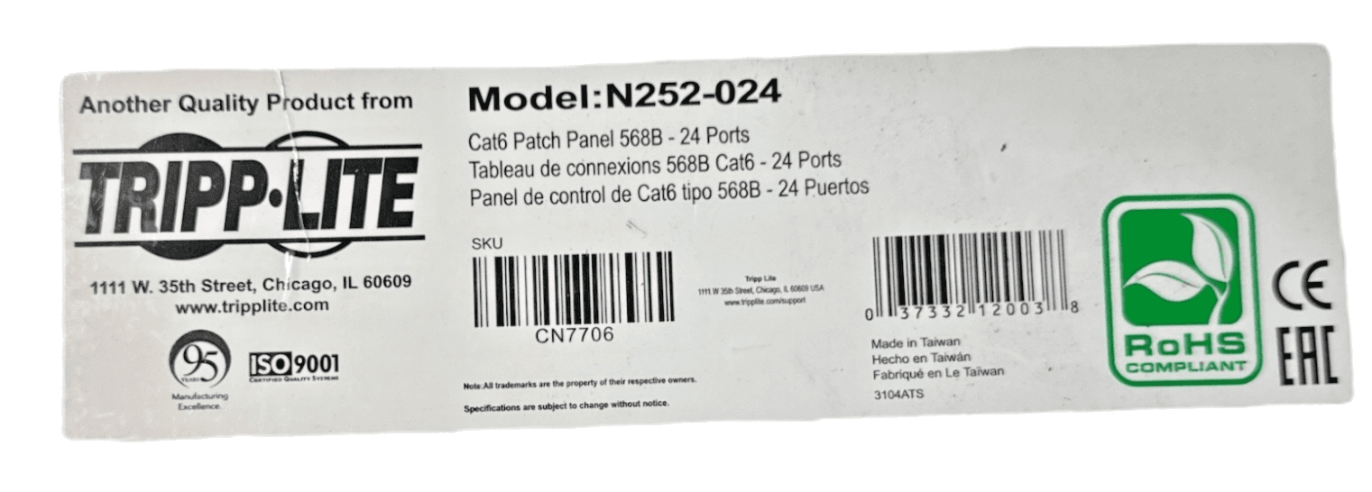 Tripp Lite 24 Port Cat6 Patch Panel 568B RJ45 Ethernet N252-P24