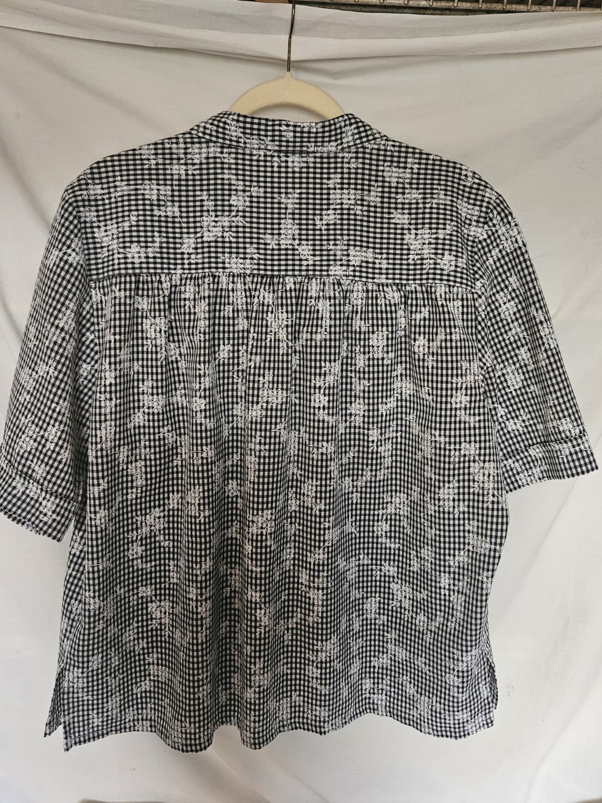 BonWorth PLg Black White Plaid Gingham Flowered Button Up Top Blouse Casual S/s - Thumbnail 2