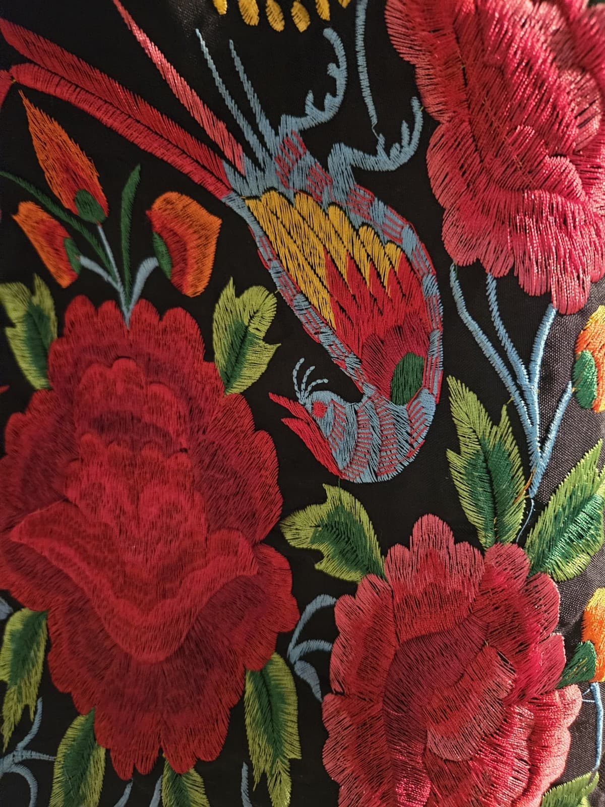 Black Canvas shoulder Tote Bag w/Mexican artisan hand embroidered flowers birds - Thumbnail 2