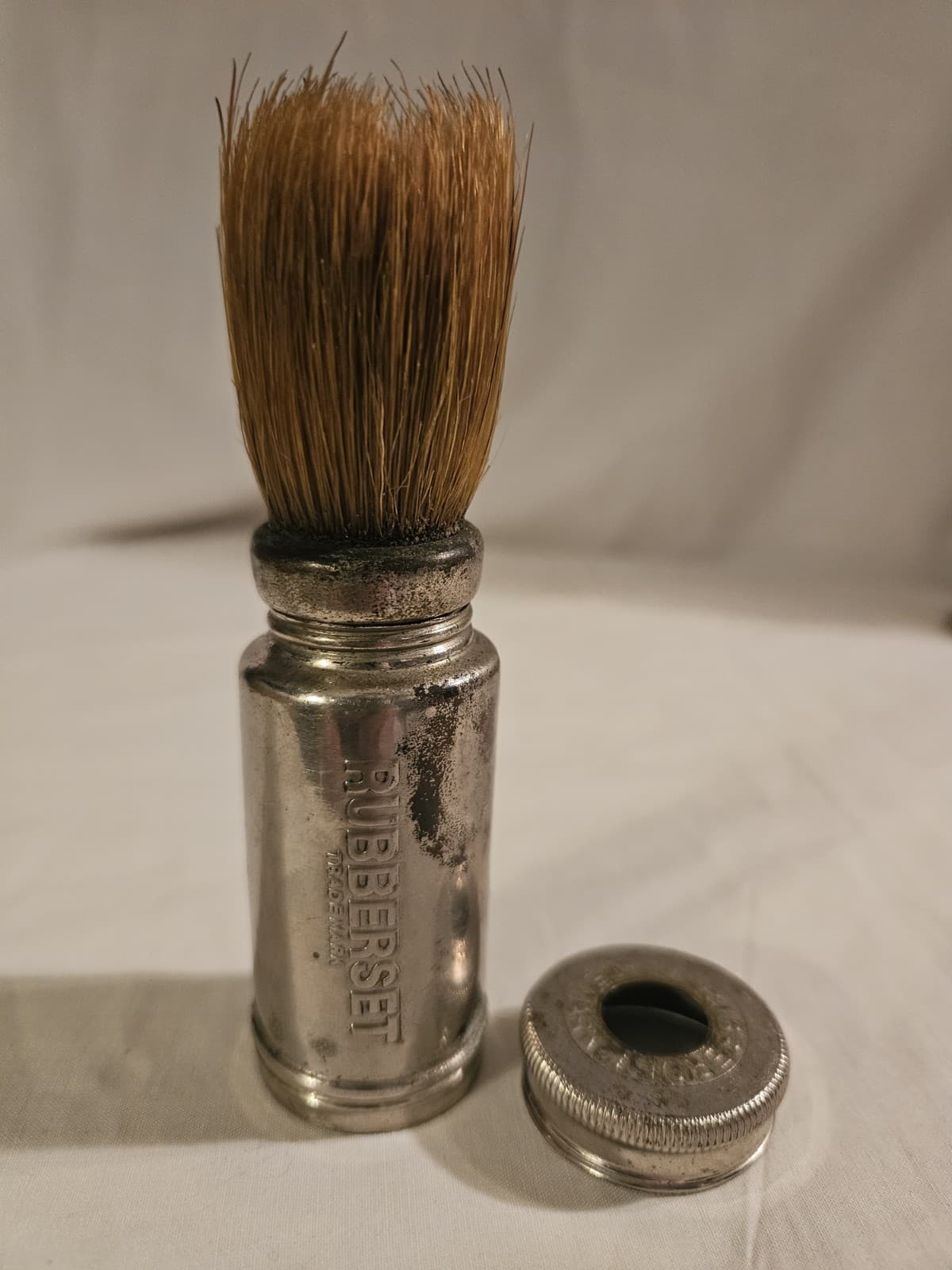 Vtg Rubberset Screw In Shaving Brush with Metal Travel Compact Storage Container