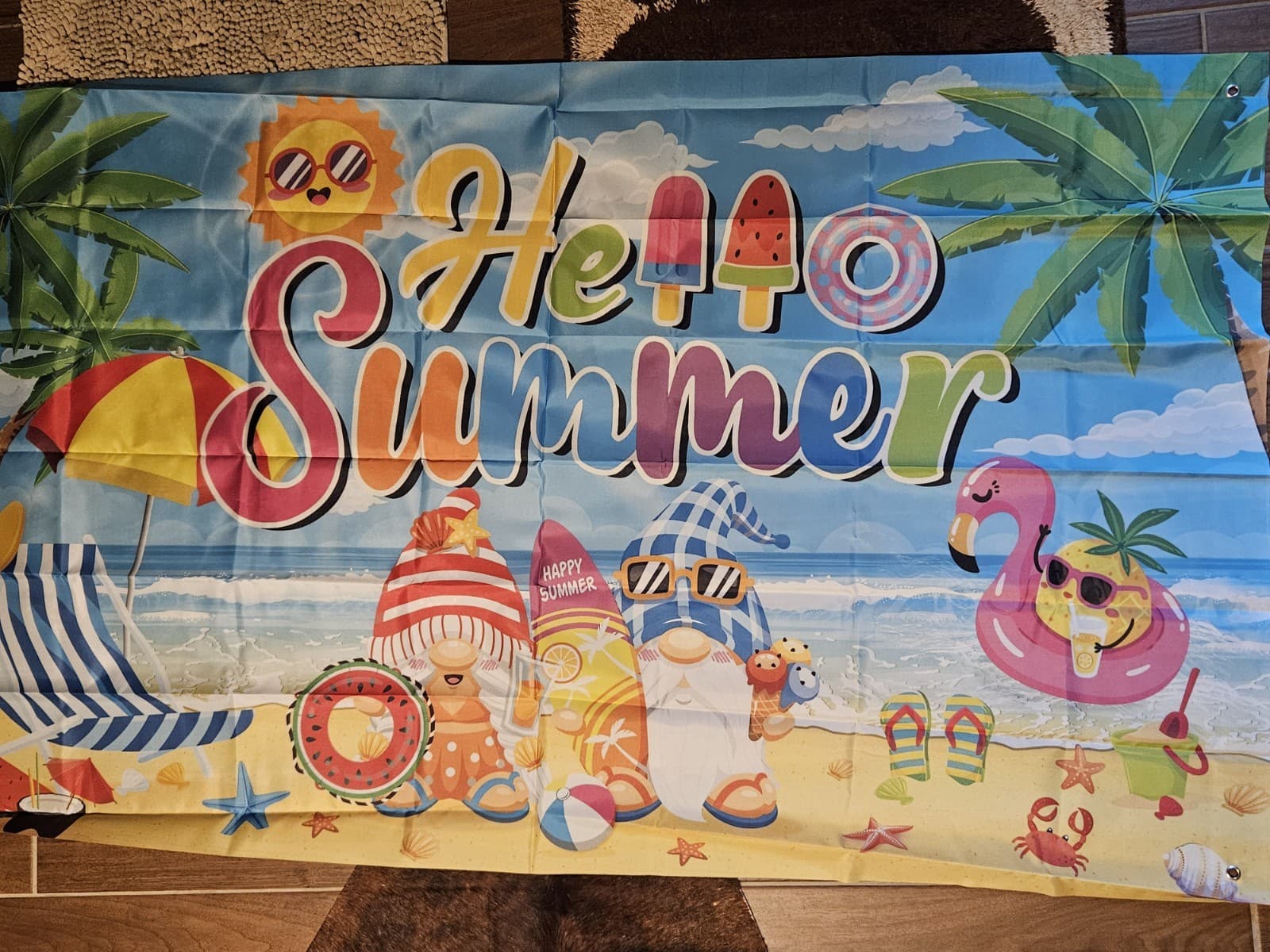 NEW Hello Summer Beach Gnomes Polyester Banner Back Drop Party 70"x40"
