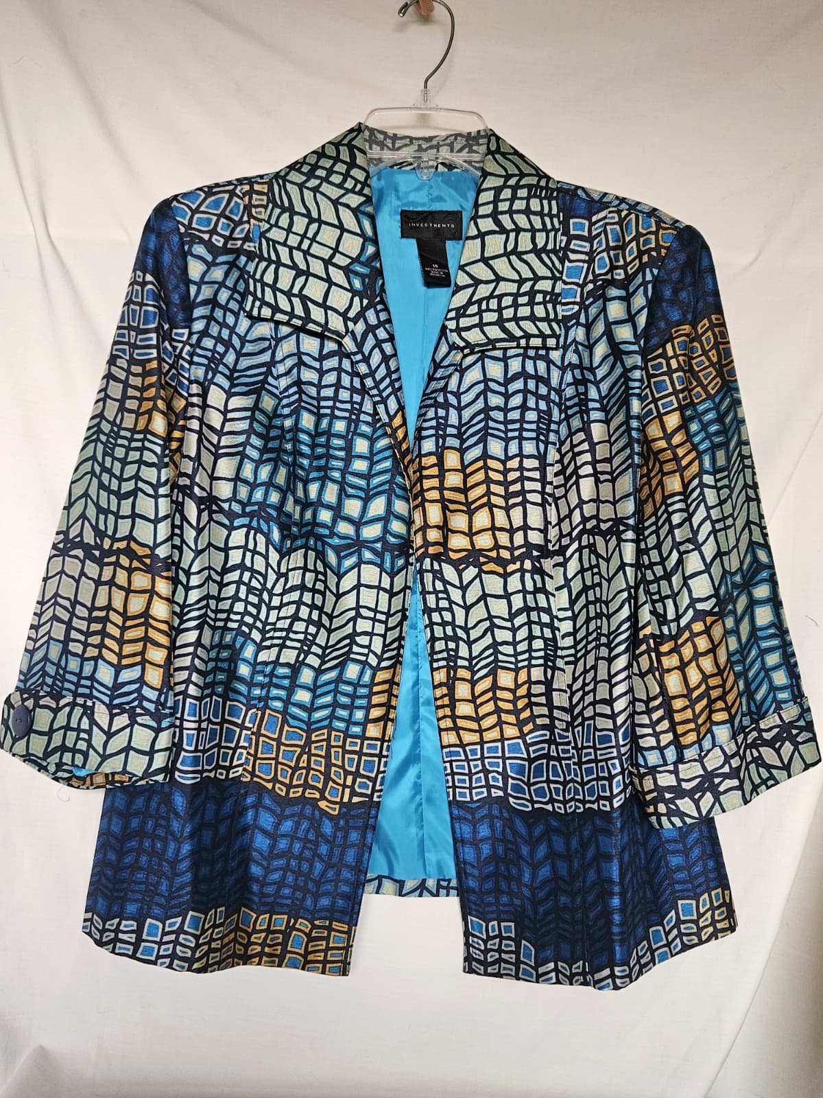Investments 14 Large Abstract Geo 3/4 Sleeve Open Coat Jacket Blazer Multi color
