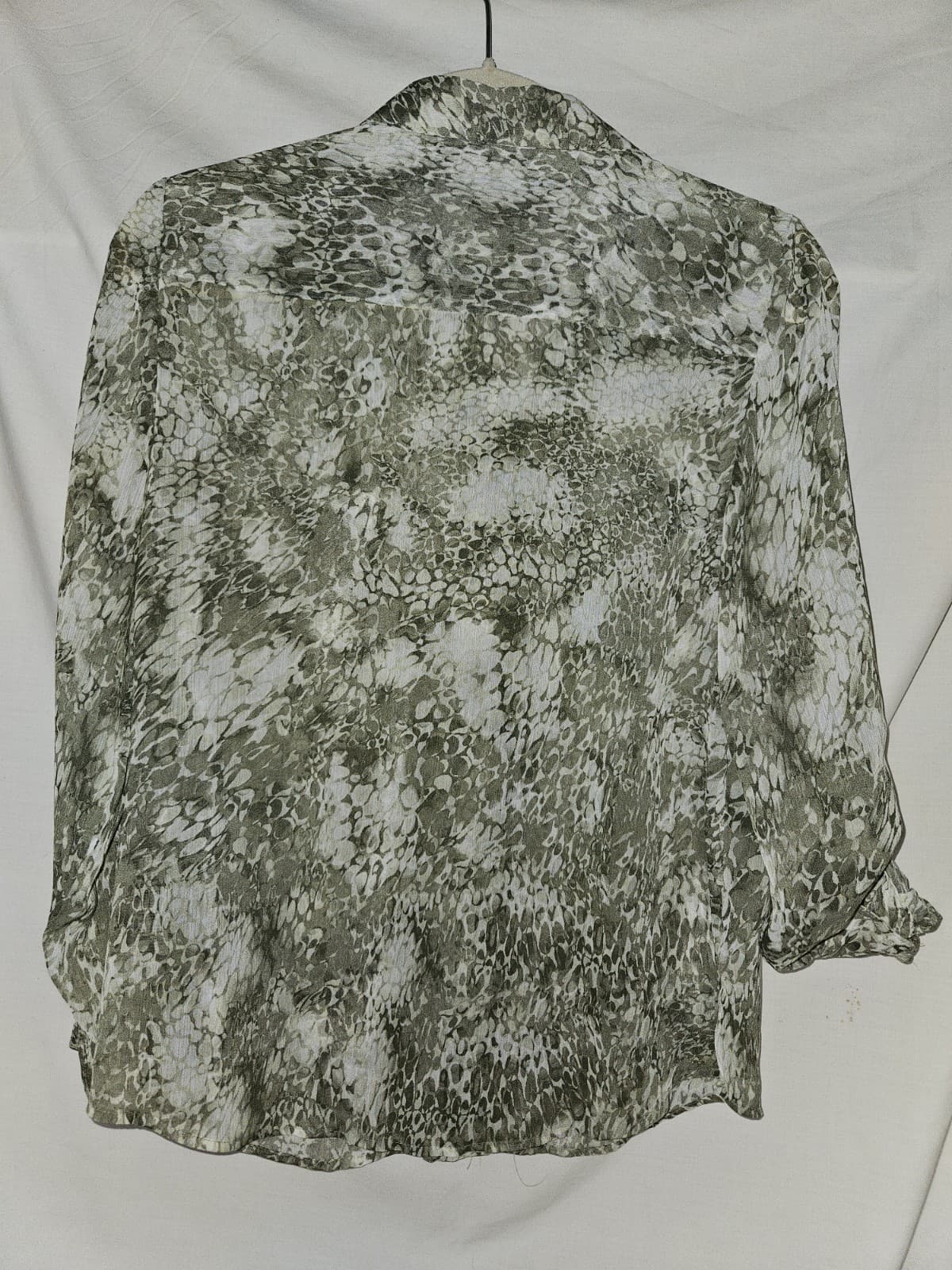 Chico's 0 Small Olive White Splatter Abstract Sheer Cover Up Top Blouse L/s - Thumbnail 2