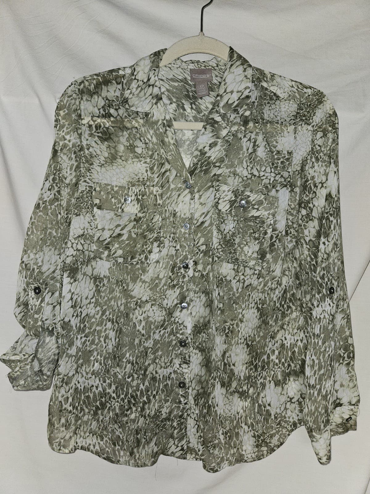 Chico's 0 Small Olive White Splatter Abstract Sheer Cover Up Top Blouse L/s