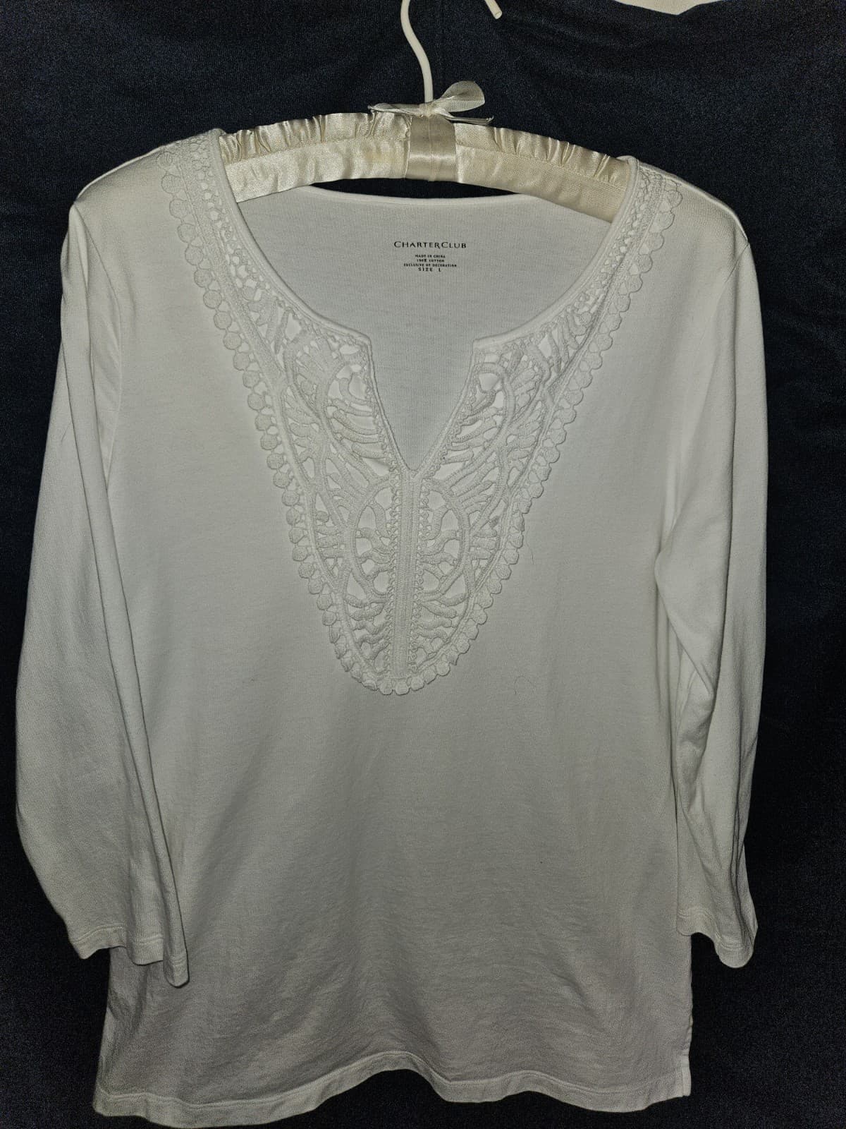Charter Club LARGE White Pull Over Top Shirt 3/4 Sleeve Lace Embroidery V-neck