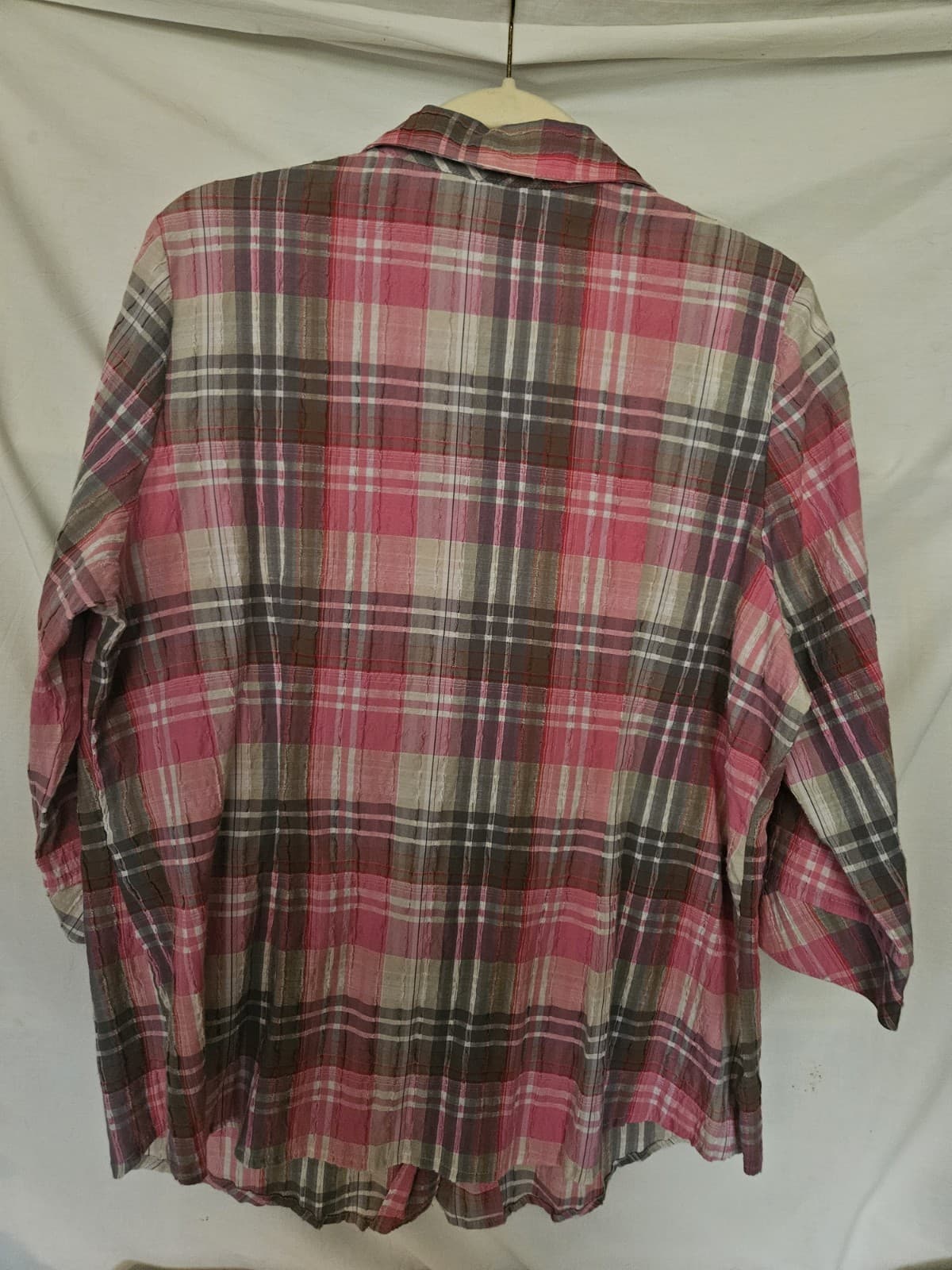 Kim Rogers Womans 16W Pink Taupe Beige Plaid Button Up Top Shirt 3/4 Sleeve - Thumbnail 2
