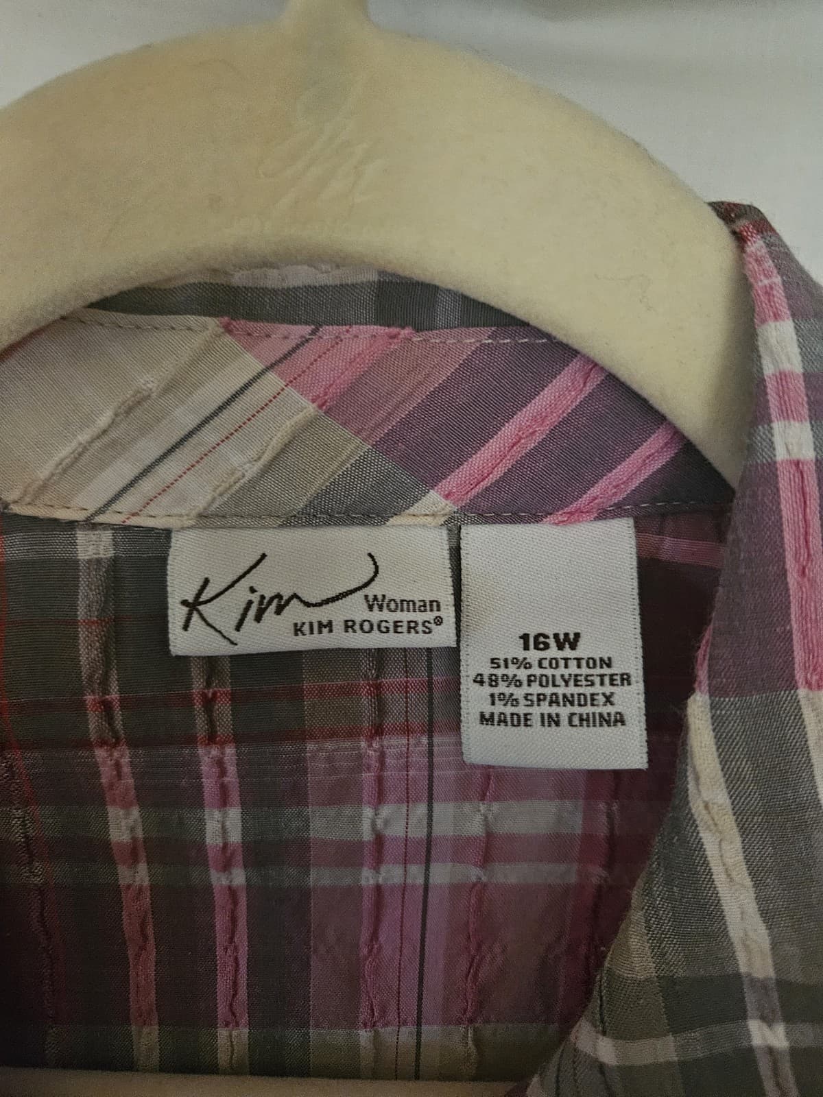 Kim Rogers Womans 16W Pink Taupe Beige Plaid Button Up Top Shirt 3/4 Sleeve - Thumbnail 4