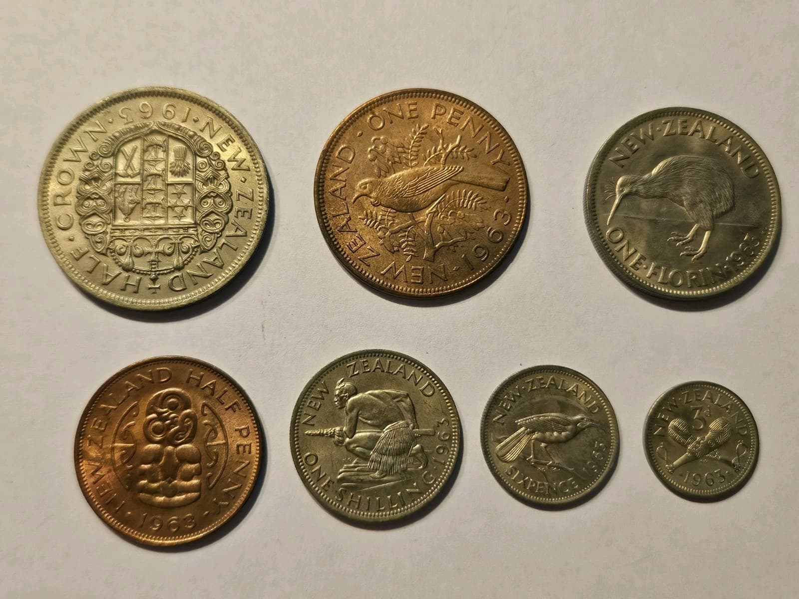 1963 New Zealand SET 7 Uncirculated Elizabeth II Coin Set Series - Littleton - Thumbnail 3