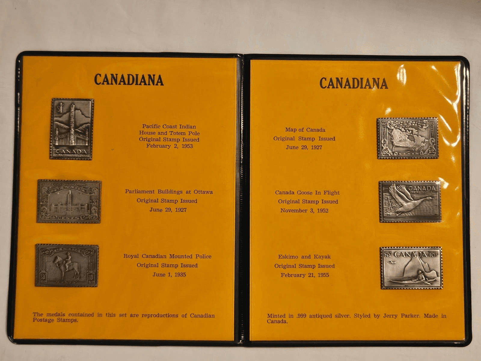 6 Antique Silver Medals of Canadian Postage Stamps "Canadiana" w/ Holder