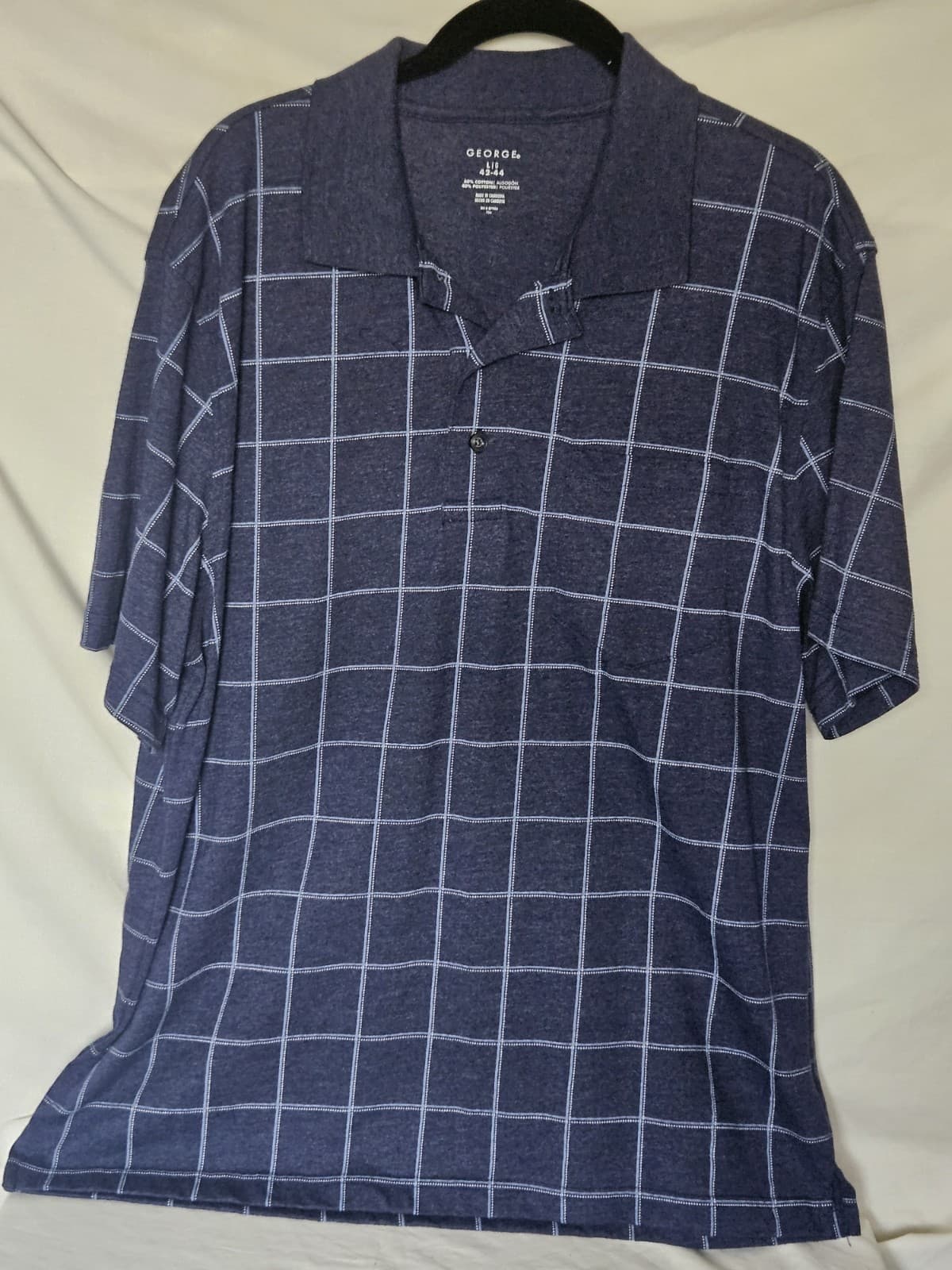 George 42-44 Large Navy Blue w/White check Block Pullover Polo Shirt S/s