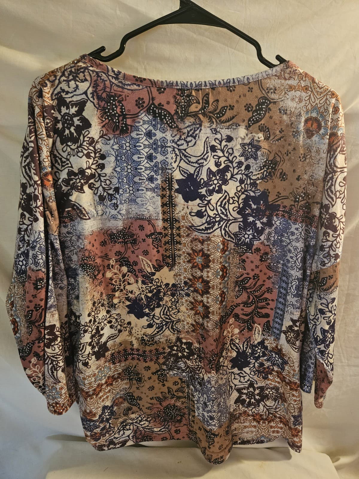 Gloria Vanderbilt LARGE Flowered Bohemian Patchwork V-neck Top Shirt 3/4 Sleeve - Thumbnail 2
