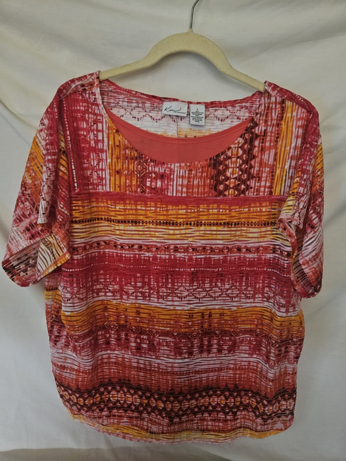 Kim Rogers Large multi colored Abstract Top Blouse w/built in Tank S/s