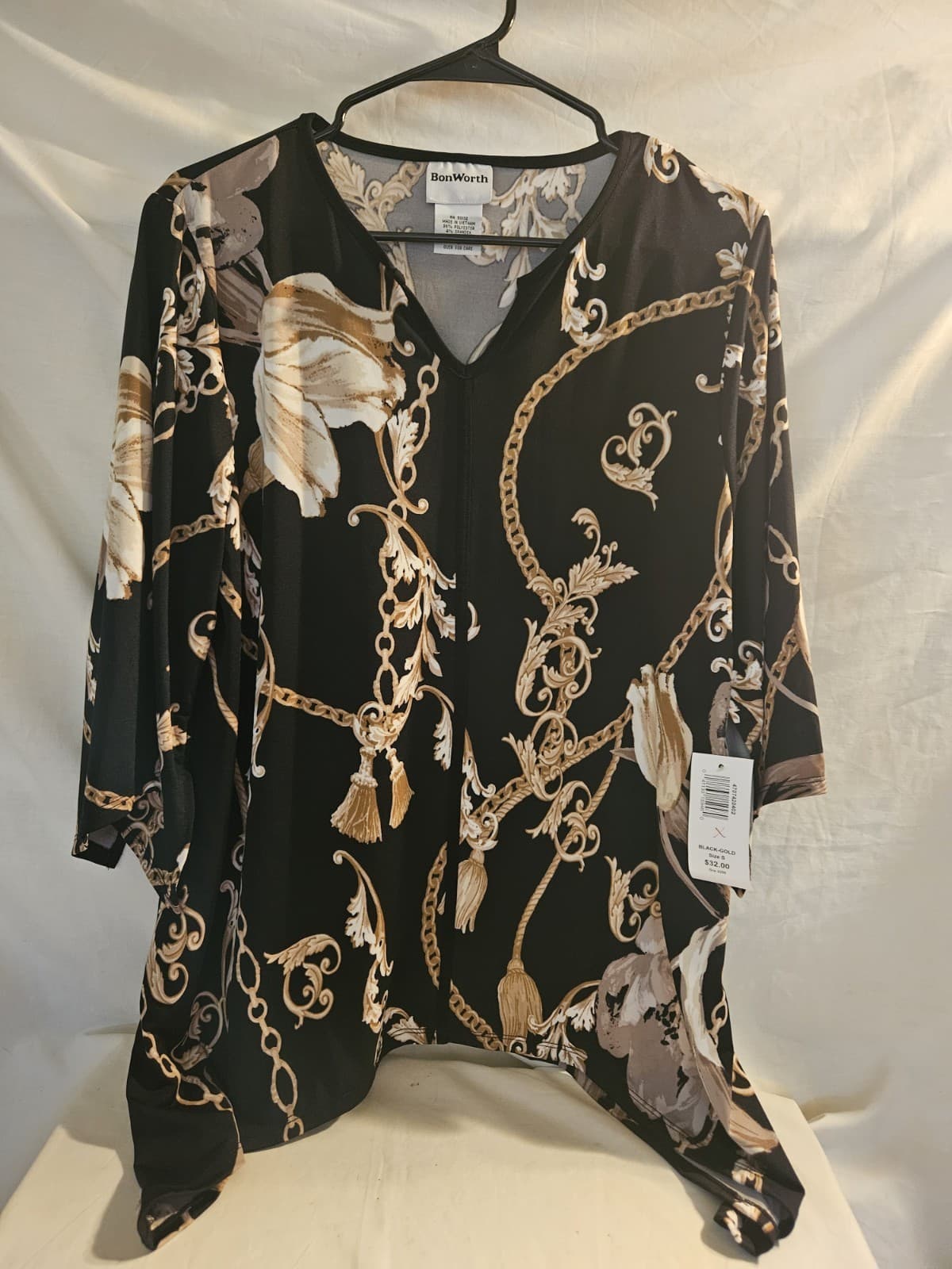 NWT BonWorth Small Shark Bite Chain Link Floral Top Tunic Blouse 3/4 Sleeve
