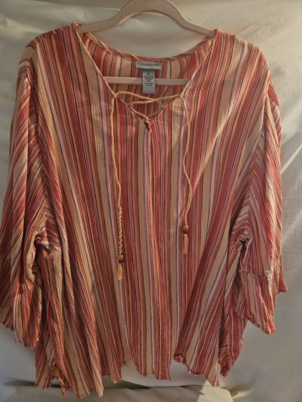 Catherines 2X Multi colored Striped Peasant Blouse decorative tassles 3/4 Sleeve
