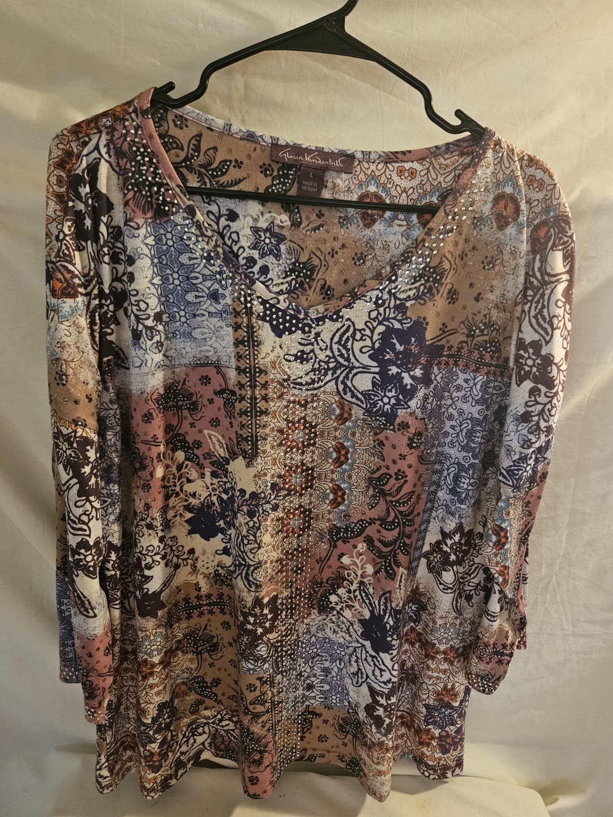 Gloria Vanderbilt LARGE Flowered Bohemian Patchwork V-neck Top Shirt 3/4 Sleeve