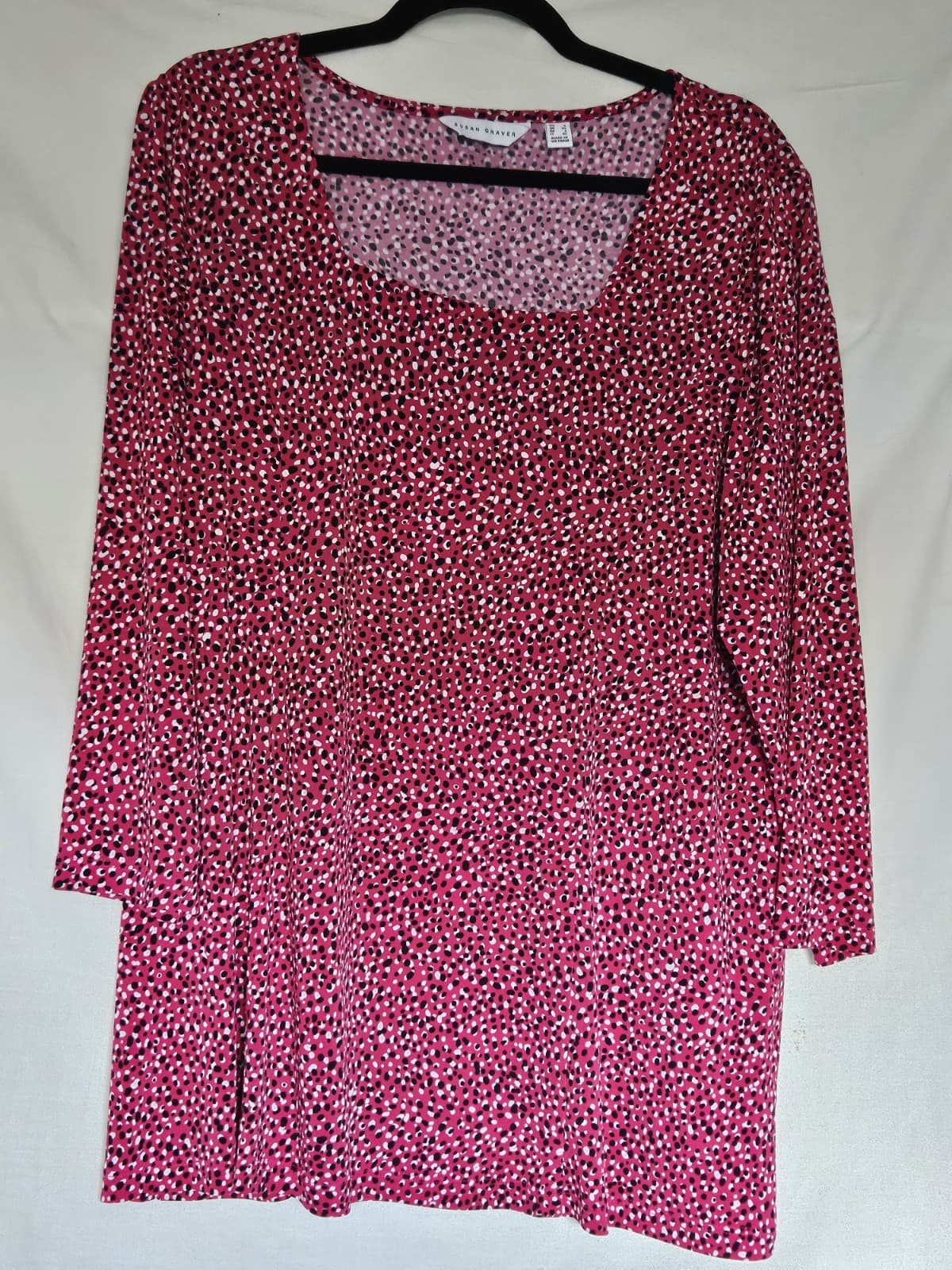 Susan Graver LARGE Polka Dot Pink Magenta White Black Top Blouse 3/4 Sleeve
