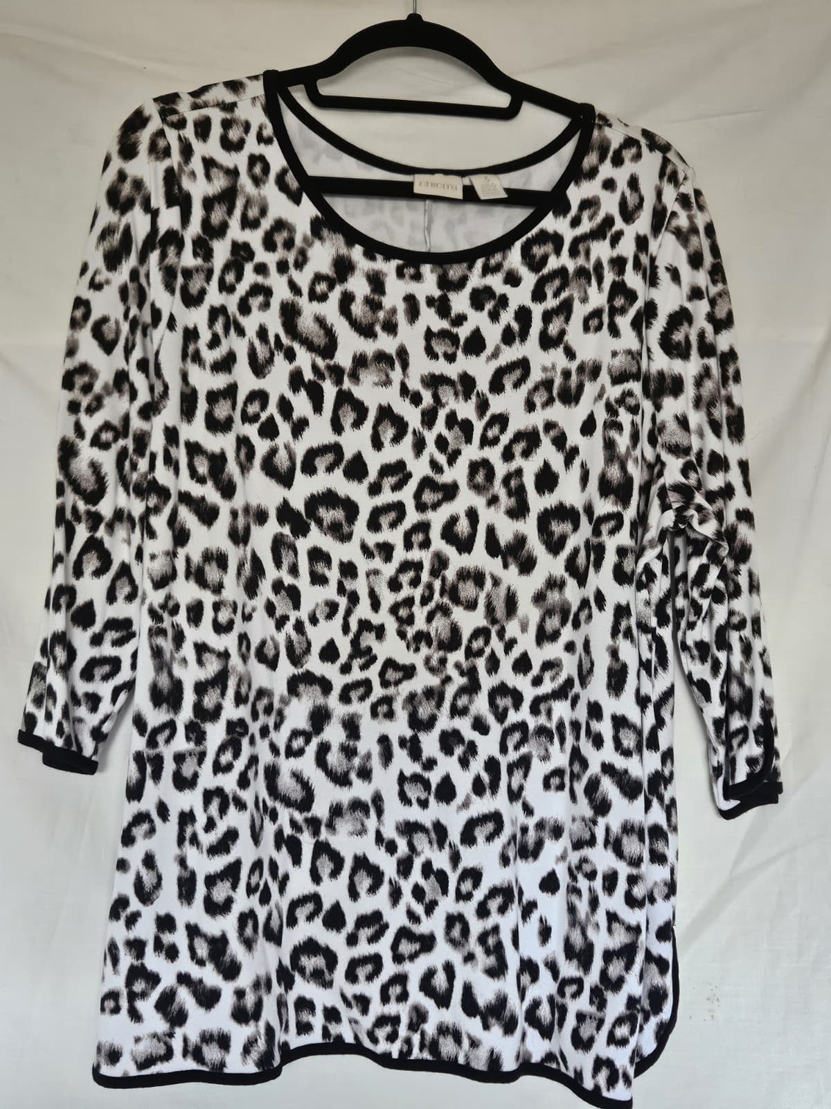 Chico's Sz-3 LARGE Animal Leopard Print White Black Brown Top Shirt 3/4 Sleeve