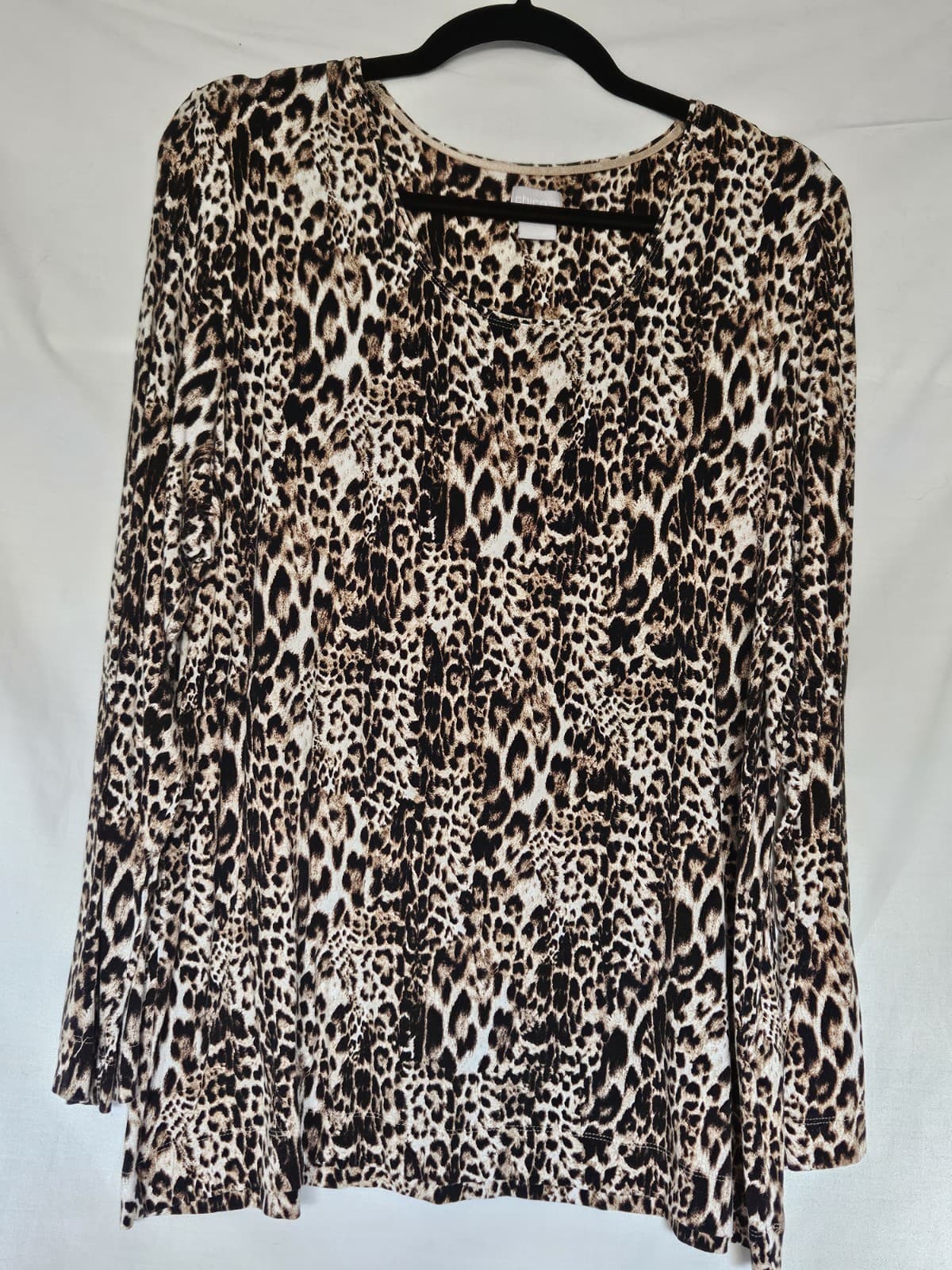 Chico's Sz-3 LARGE Animal Cheetah Print Gold Brown Black Top Shirt Long Sleeve