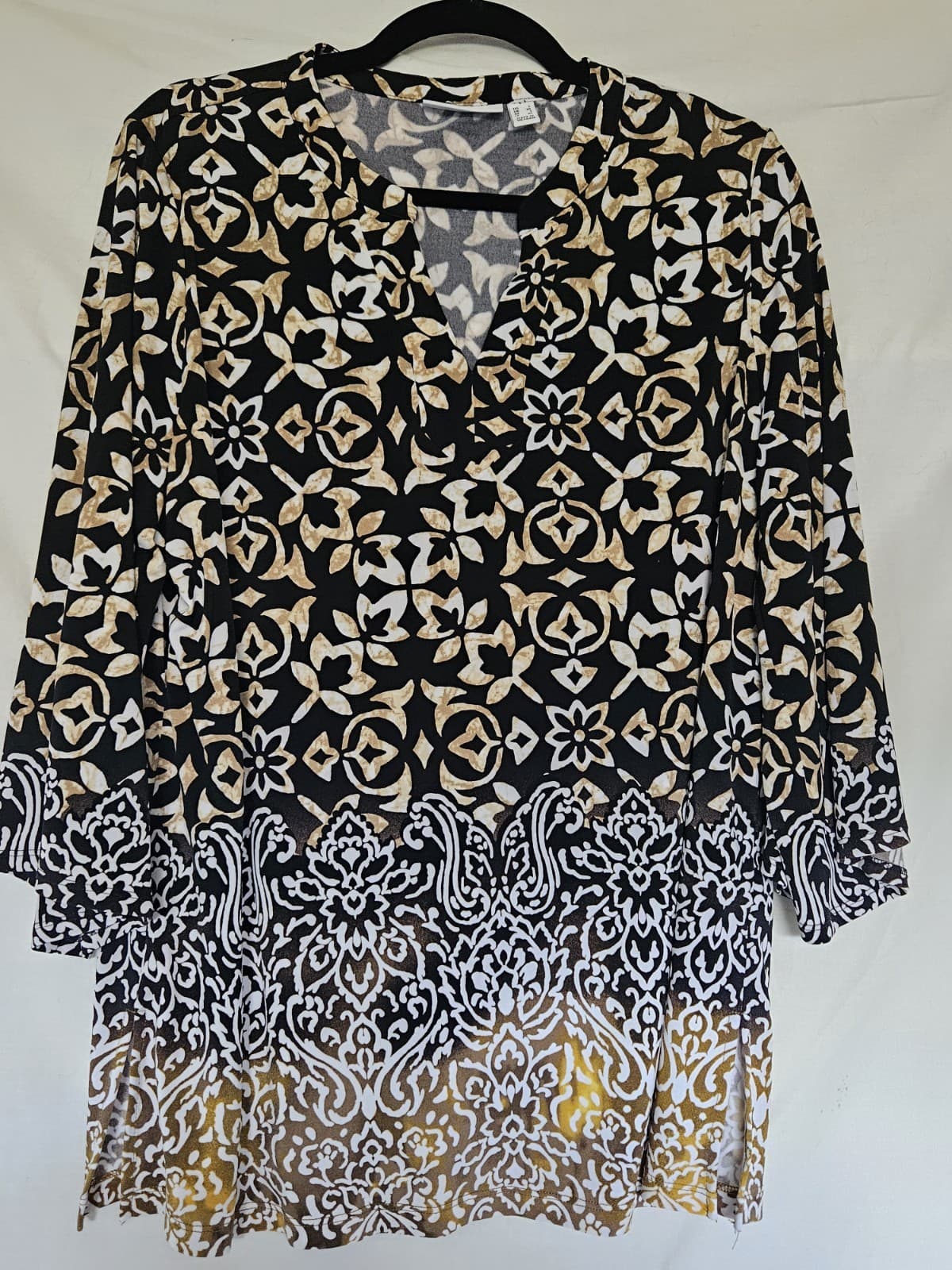 Susan Graver LARGE Abstract Brown Tan Black Flowered Top Blouse 3/4 Sleeve