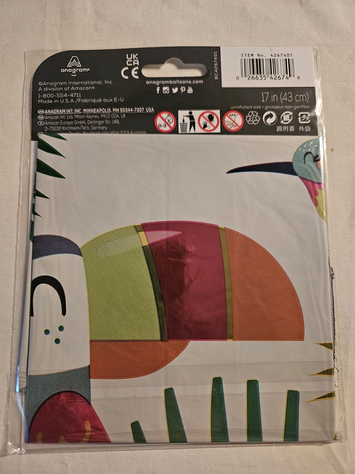 NEW Anagram 17" Round Microfoil Mylar Tropical Toucan Parrot Flowered Balloon - Thumbnail 2