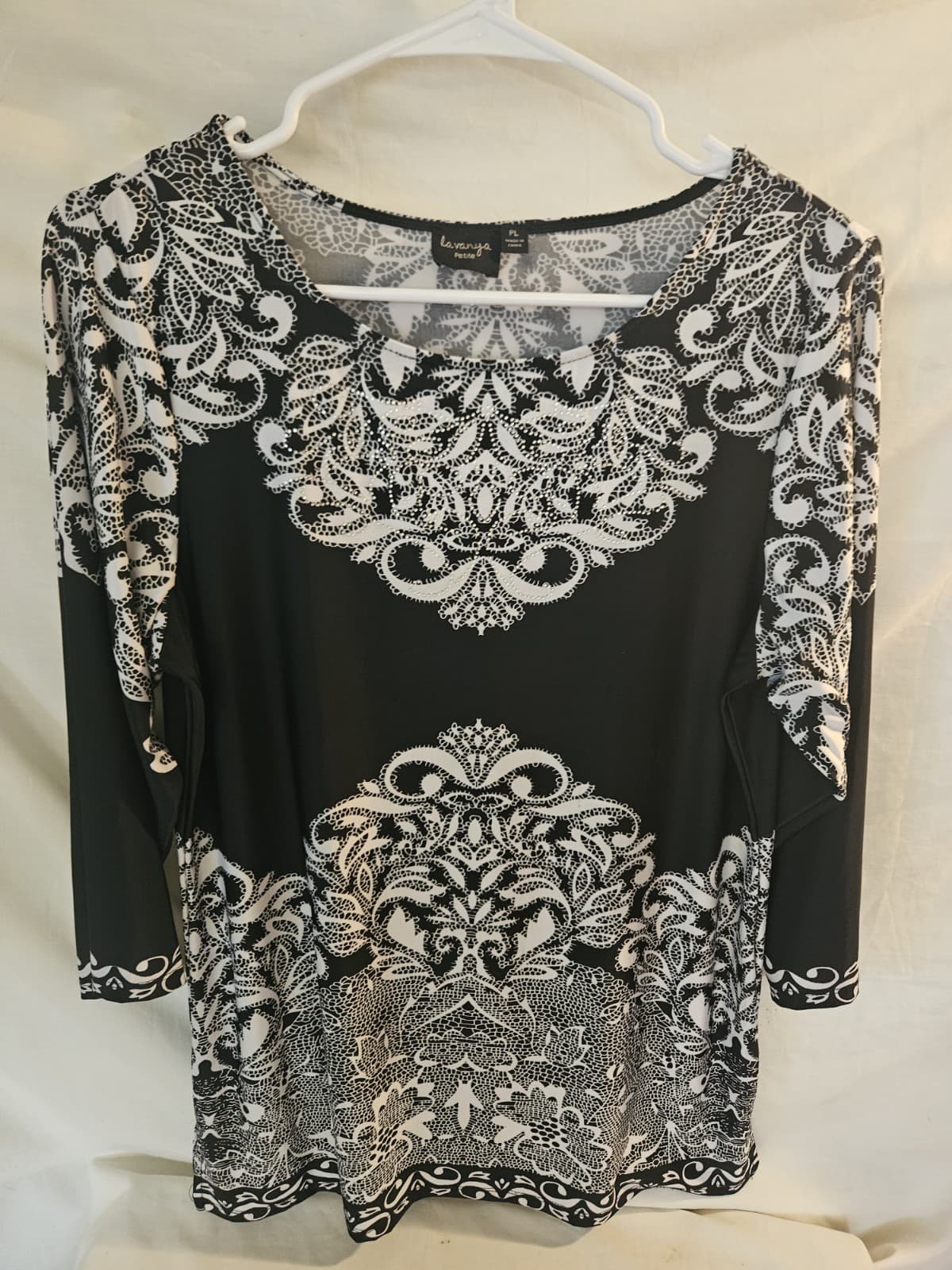 LaVanya Petite Large PL Black & White w/Rinestones Top Tunic Blouse 3/4 Sleeve