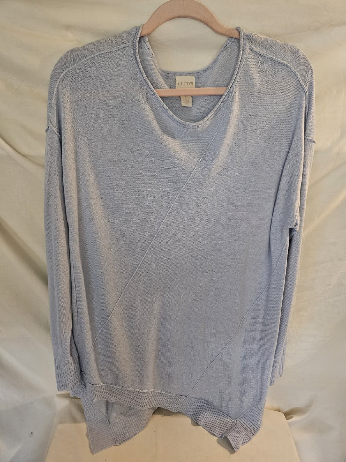Chico's 2 Large 12 Baby Blue light weight Sweater Top Tunic Pullover Shirt L/S