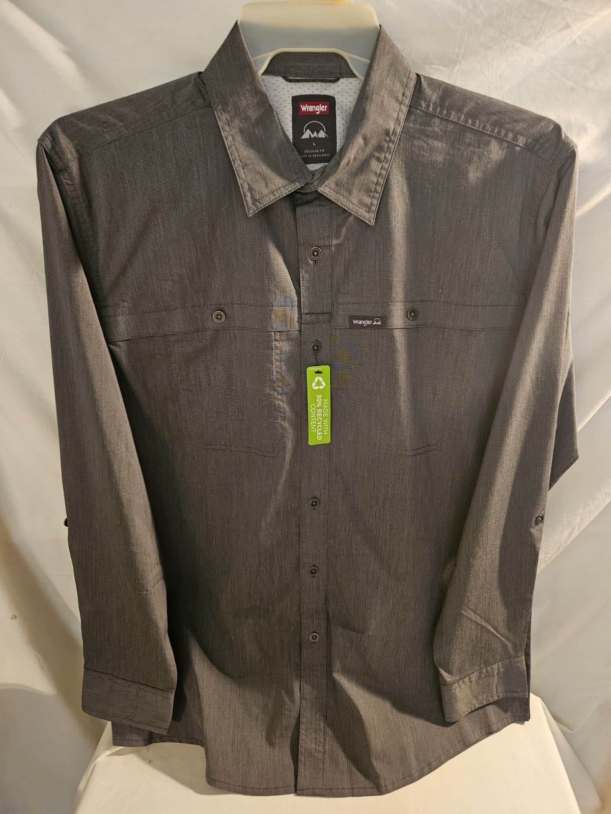 NWT Wrangler Mens Large Charcoal Gray tiny box patterned Performance Shirt L/s