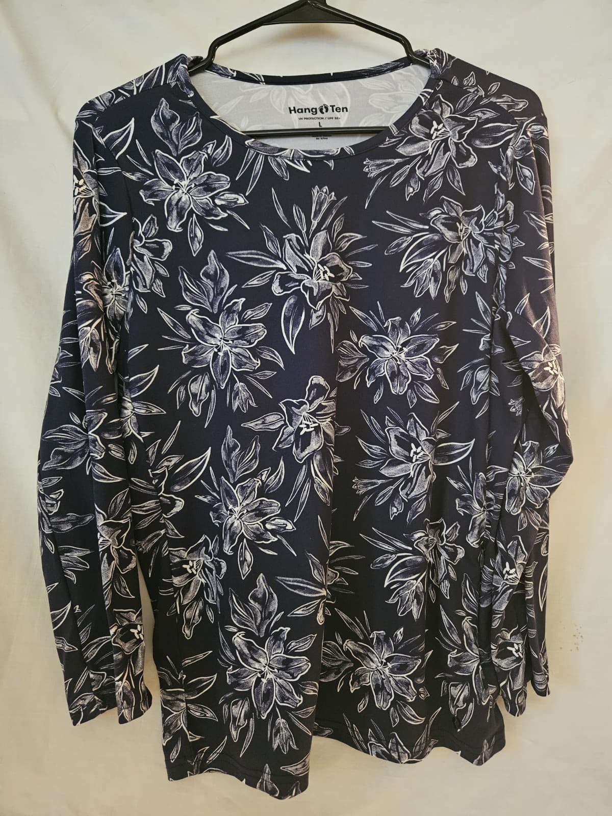 Hang Ten Sz L Black Gray White Flowered Long Sleeve Casual Top Tee Shirt