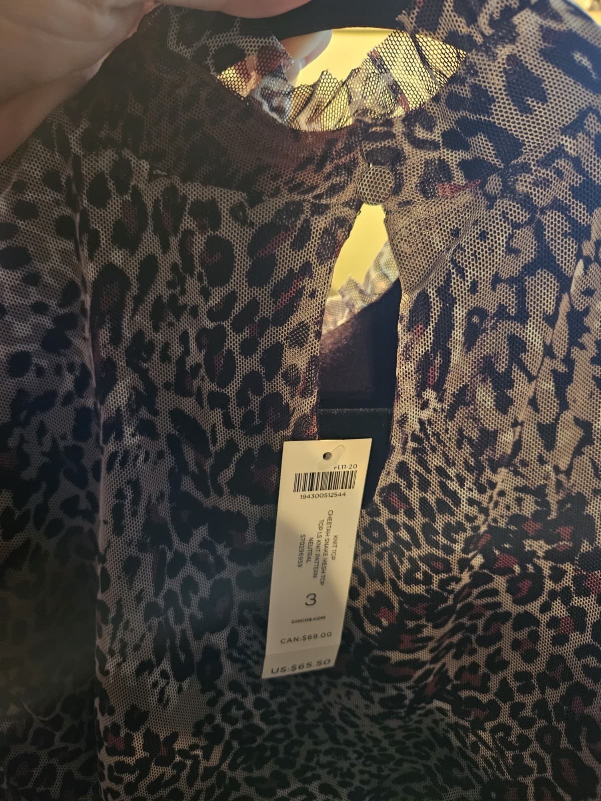 NWT Chico's Sz 3 (XL) Animal Print Tiger Leopard Snake Top Blouse L/s mock neck - Thumbnail 4