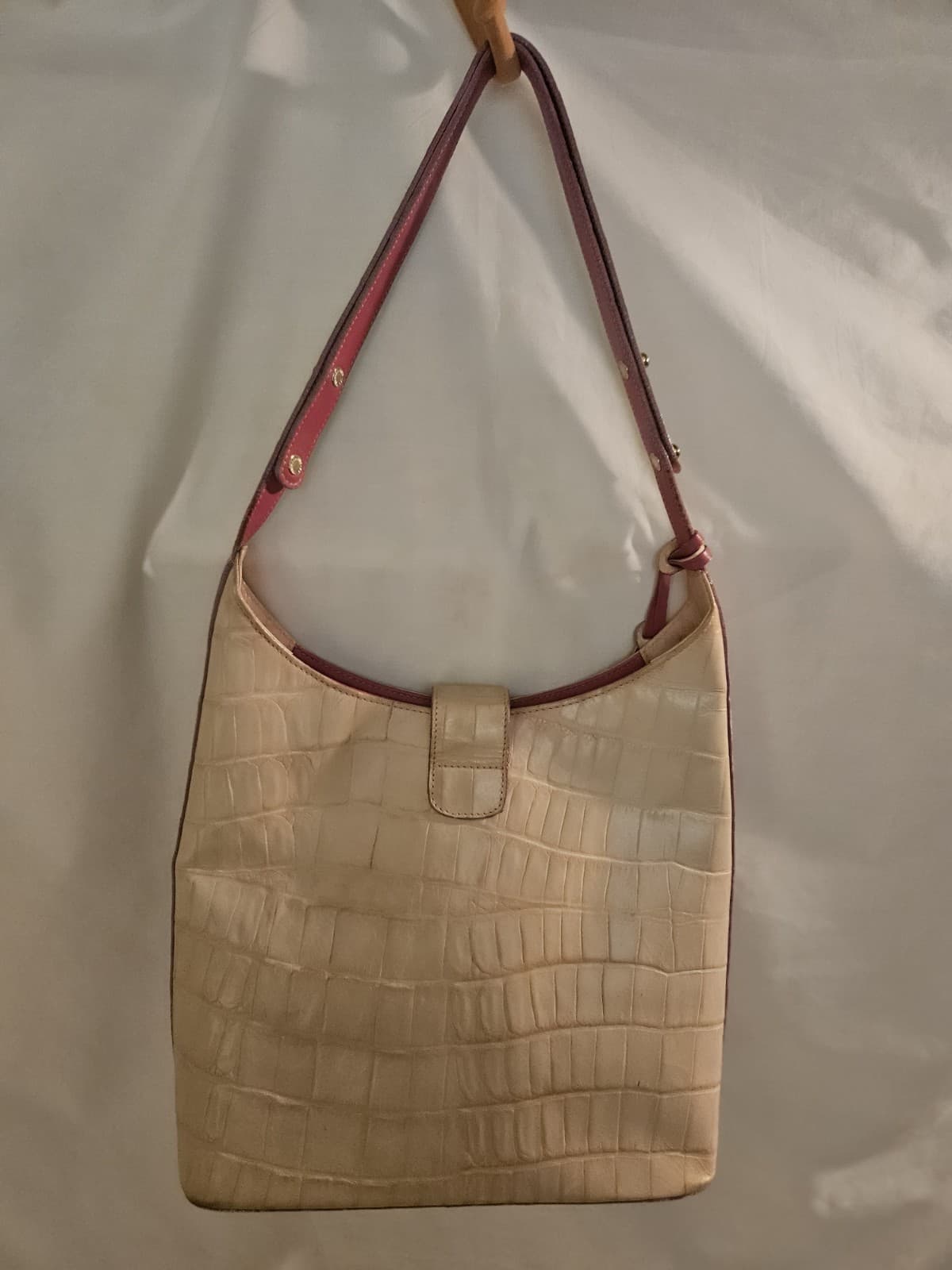 Brahmin Cream with Pink hues Leather Bucket style Hobo Shoulder Bag Purse GUC - Thumbnail 2