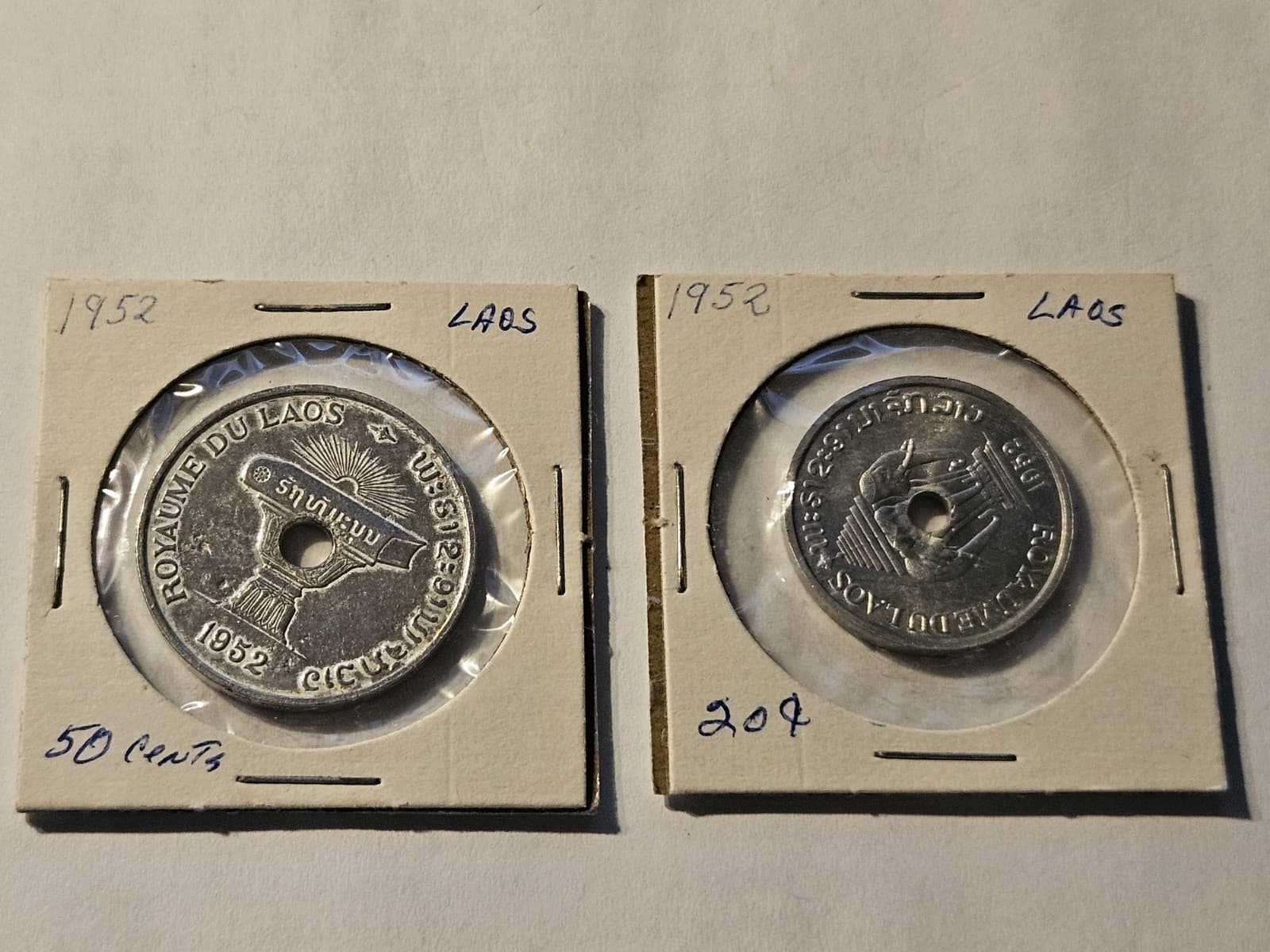 1952 Laos 50 Cent Coin AND 20 Cent Coin