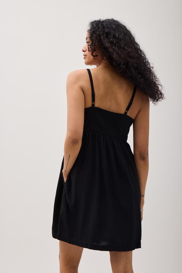 Linen Blend Mini Dress - Black, L - Thumbnail 3
