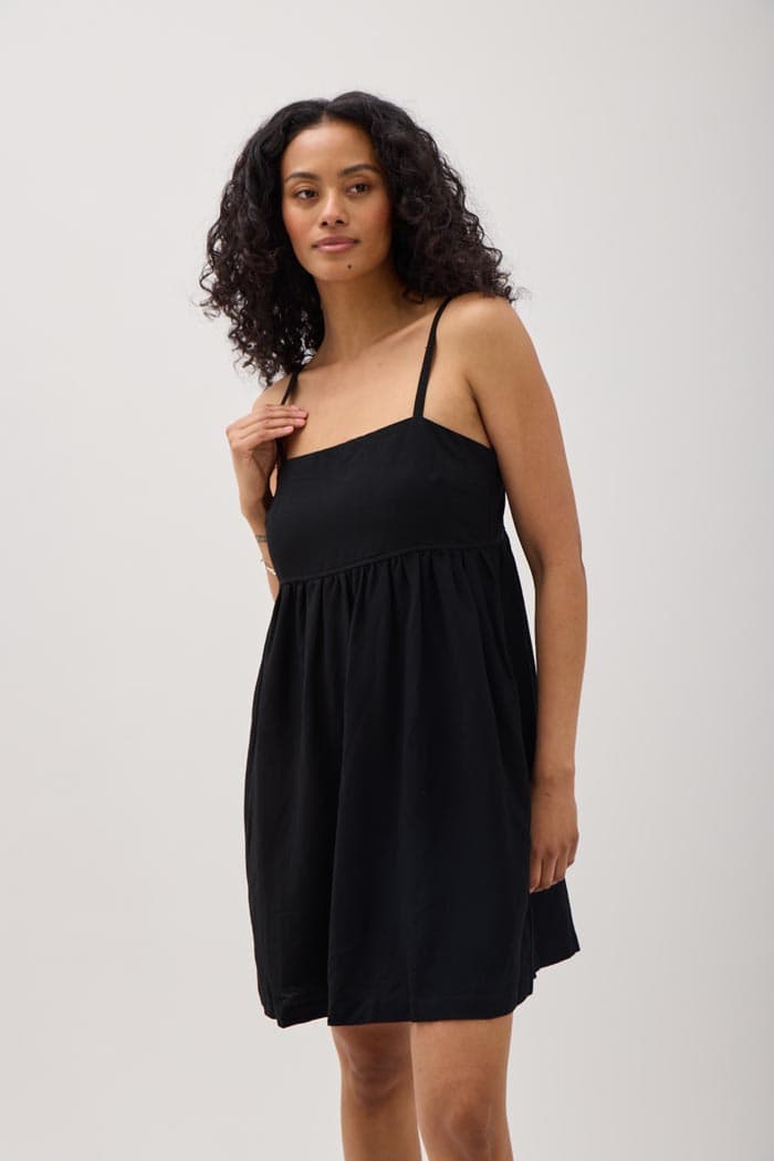 Linen Blend Mini Dress - Black, L - Thumbnail 2
