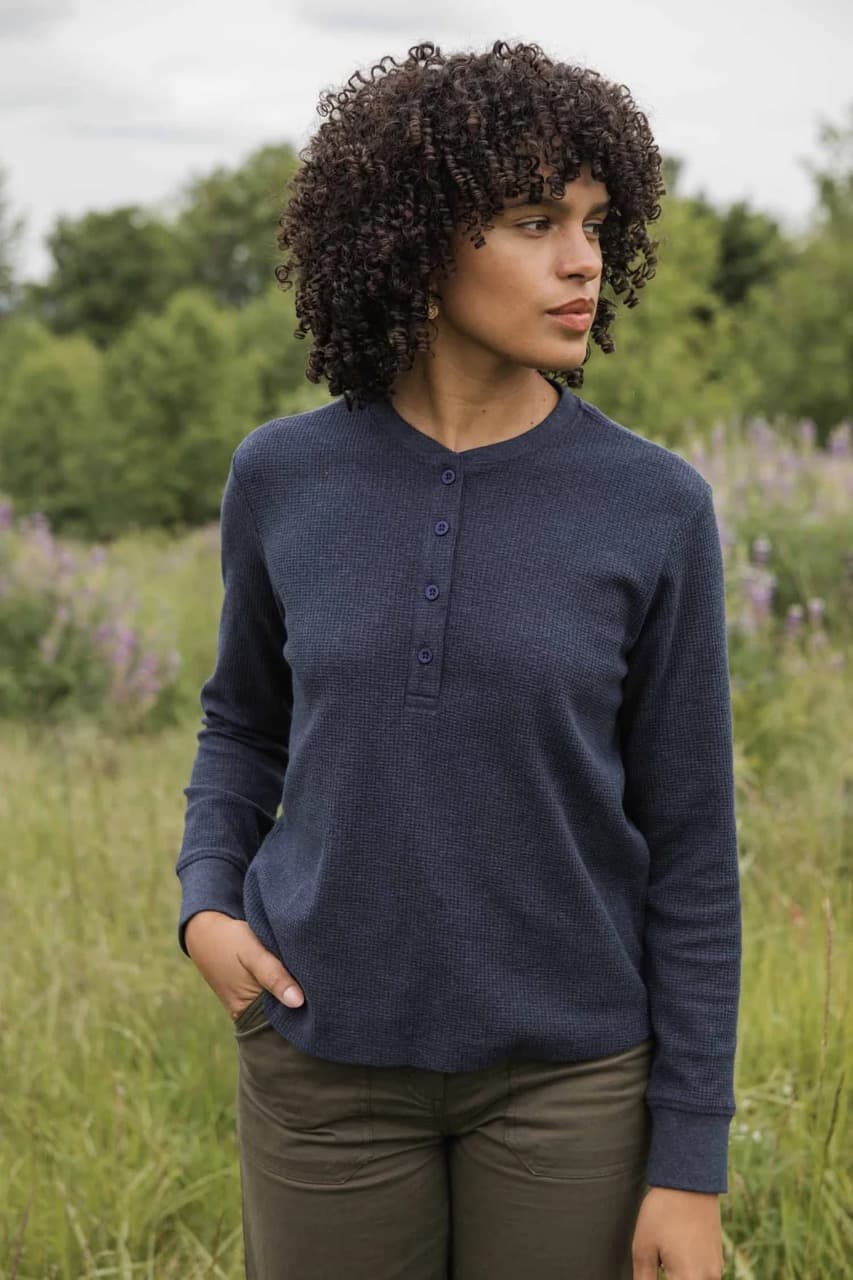 Women's Waffle Henley - Sapphire Melange - L - Thumbnail 2