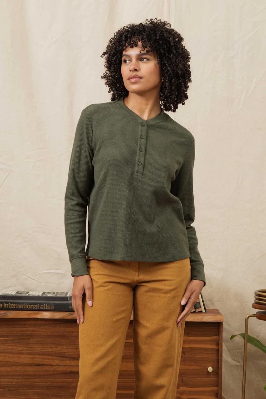 Women's Waffle Henley - Forest Melange - XL - Thumbnail 2