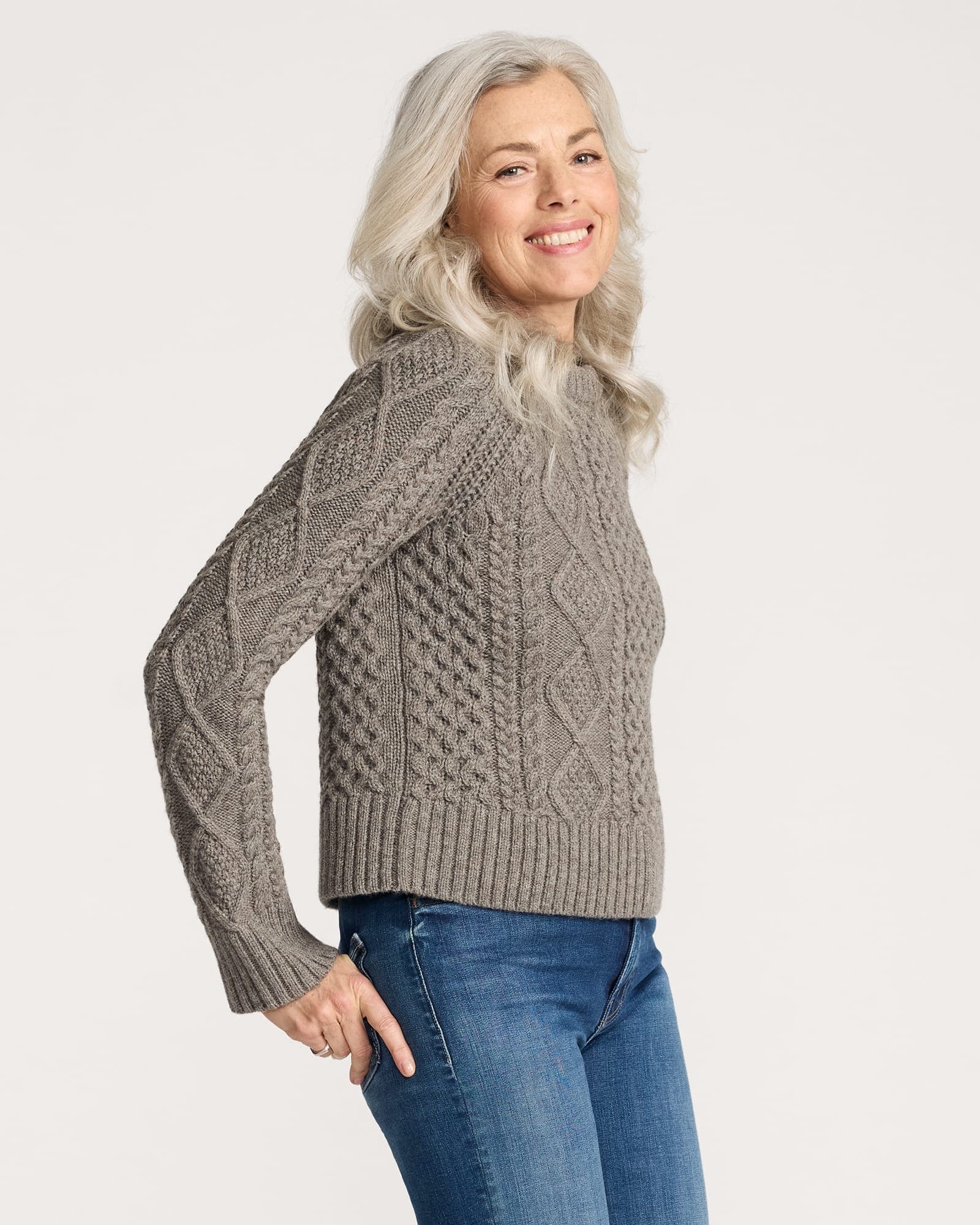 Womens Fisherman Sweater - Stone Heather - L - Thumbnail 3