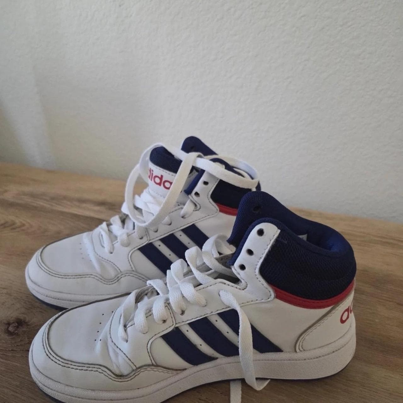 Adidas white sneakers with navy blue stripes and red accents #basketball #retro - Thumbnail 3