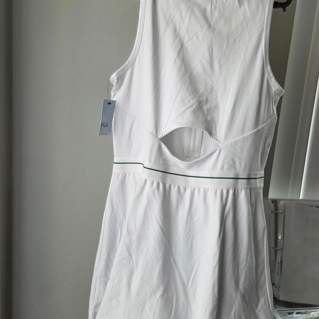 White FLX tennis dress with green trim #tennis #athletic and a small stain. new with tag - Thumbnail 3