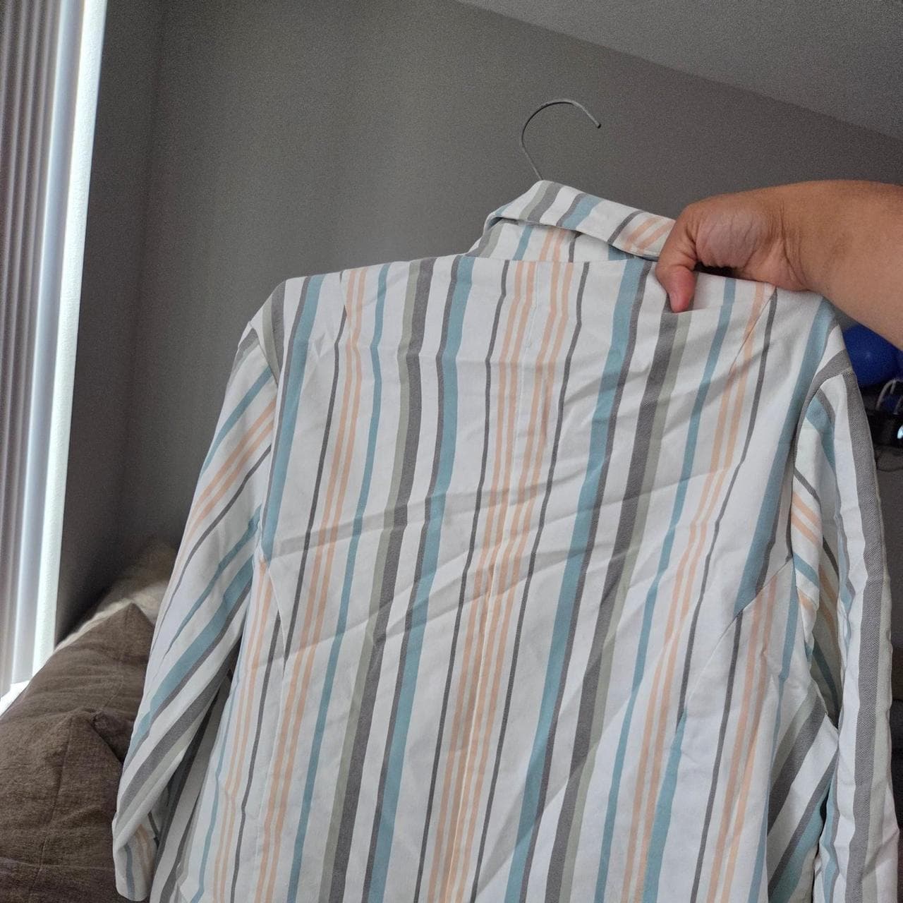 Cato vertical striped button-up shirt in blue, beige, and gray #stripes #buttonup - Thumbnail 2