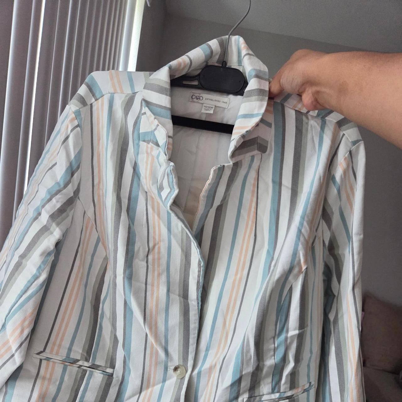Cato vertical striped button-up shirt in blue, beige, and gray #stripes #buttonup - Thumbnail 3
