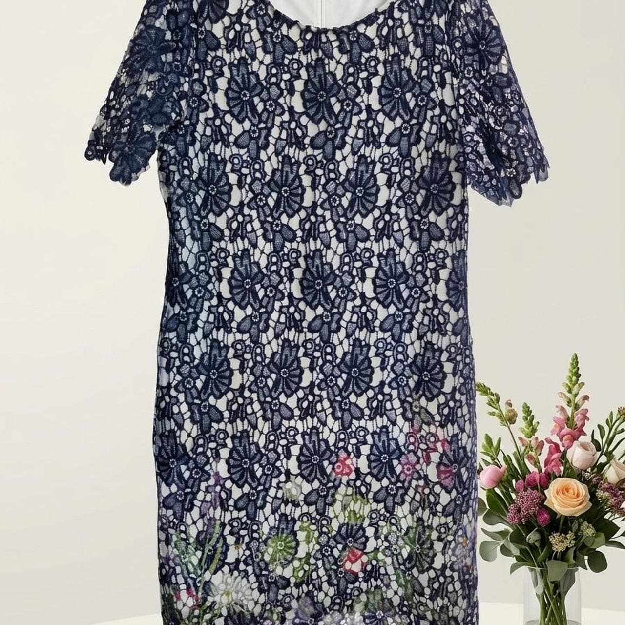 Nina Leonad navy blue floral lace dress with short sleeves and a flowy silhouette, size XL #romantic #elegant - Thumbnail 2