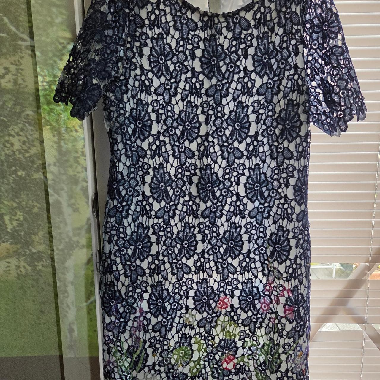 Nina Leonad navy blue floral lace dress with short sleeves and a flowy silhouette, size XL #romantic #elegant - Thumbnail 4