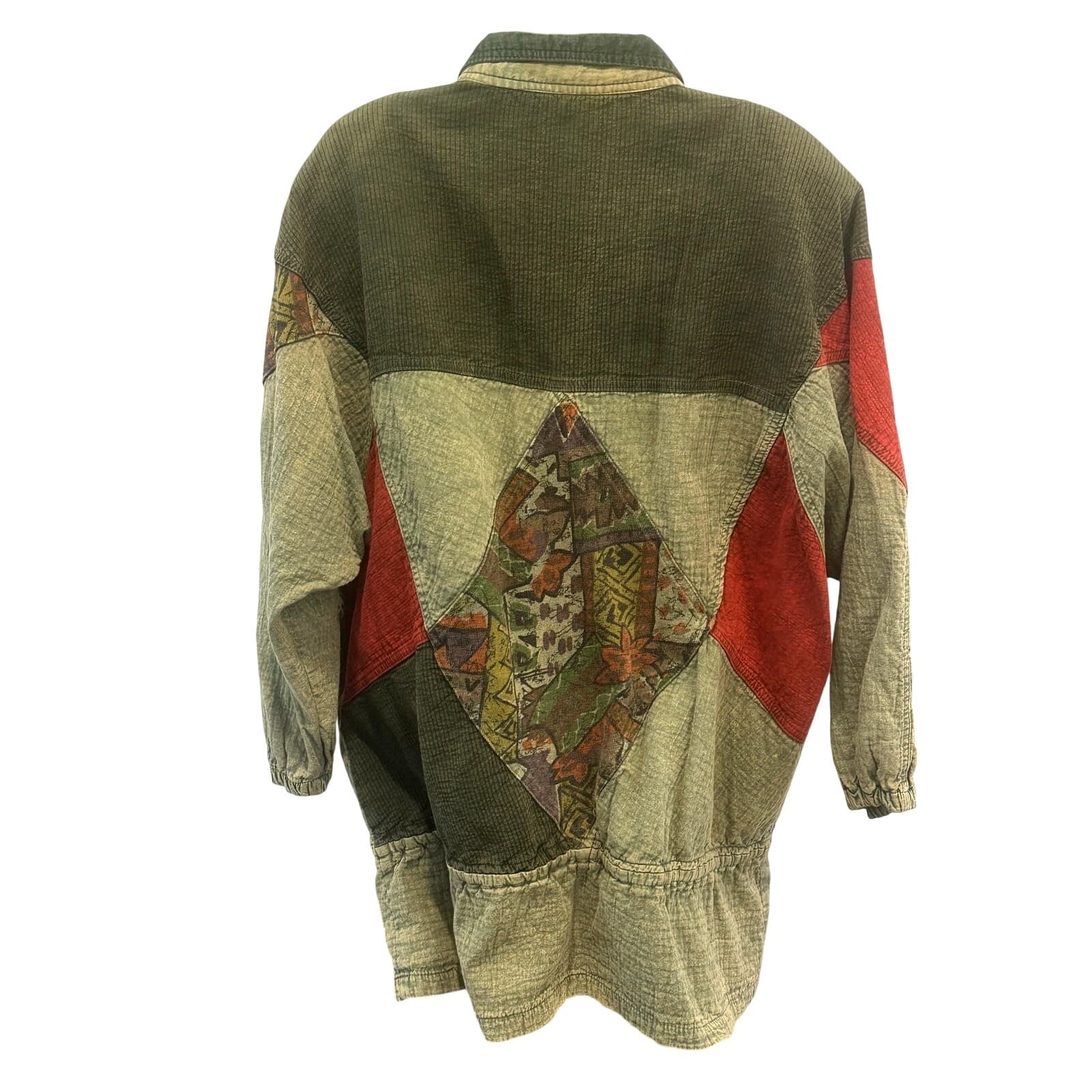Asian inspired Oversized Vintage Washed Denim Colorful Patchwork Chore Jacket-L - Thumbnail 3