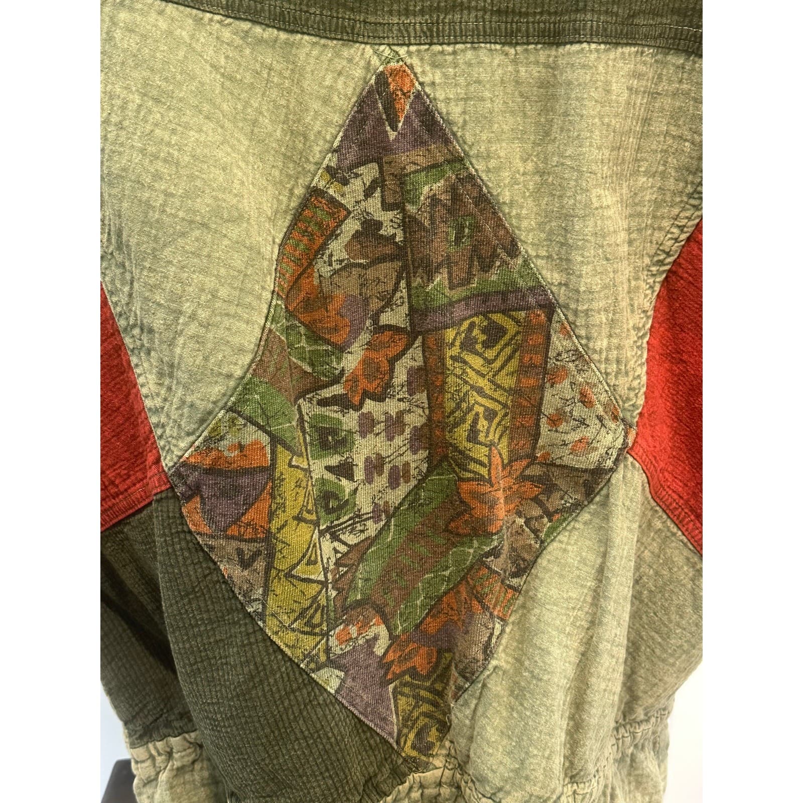 Asian inspired Oversized Vintage Washed Denim Colorful Patchwork Chore Jacket-L - Thumbnail 8